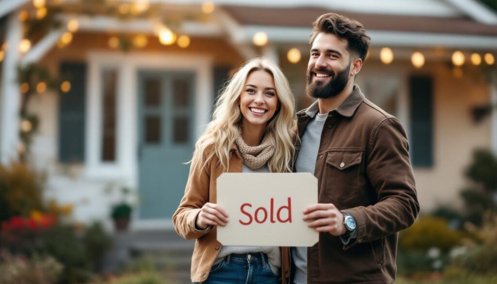 A photograph of capture a photograph of a happy couple standing outside a charming