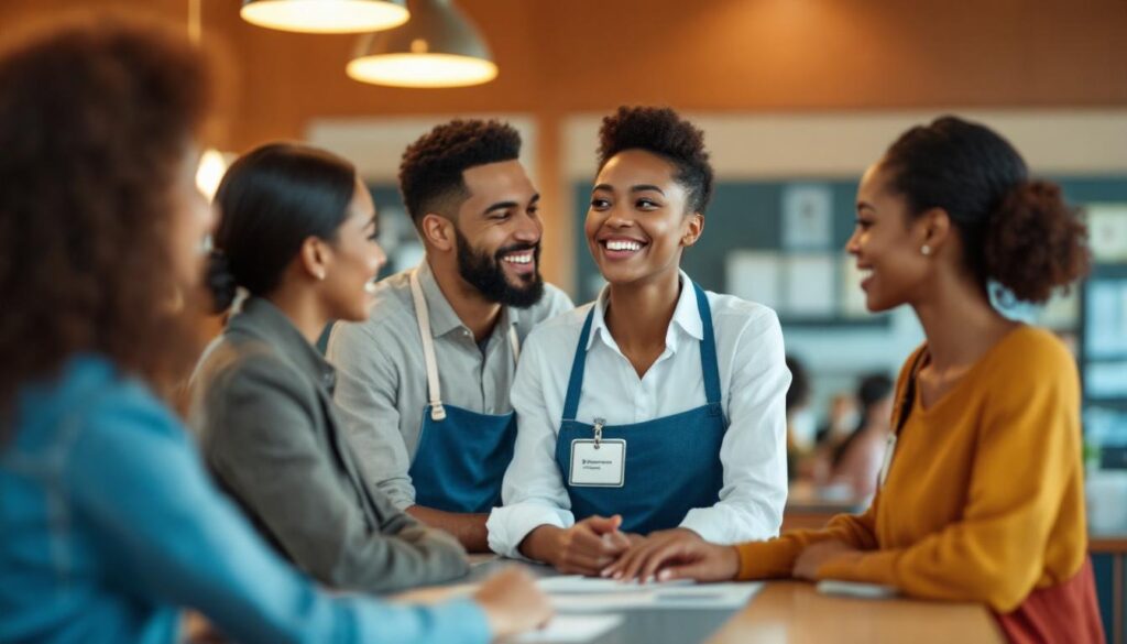A photograph of capture a photograph of a diverse group of people interacting with a bank teller or using banking services in a friendly