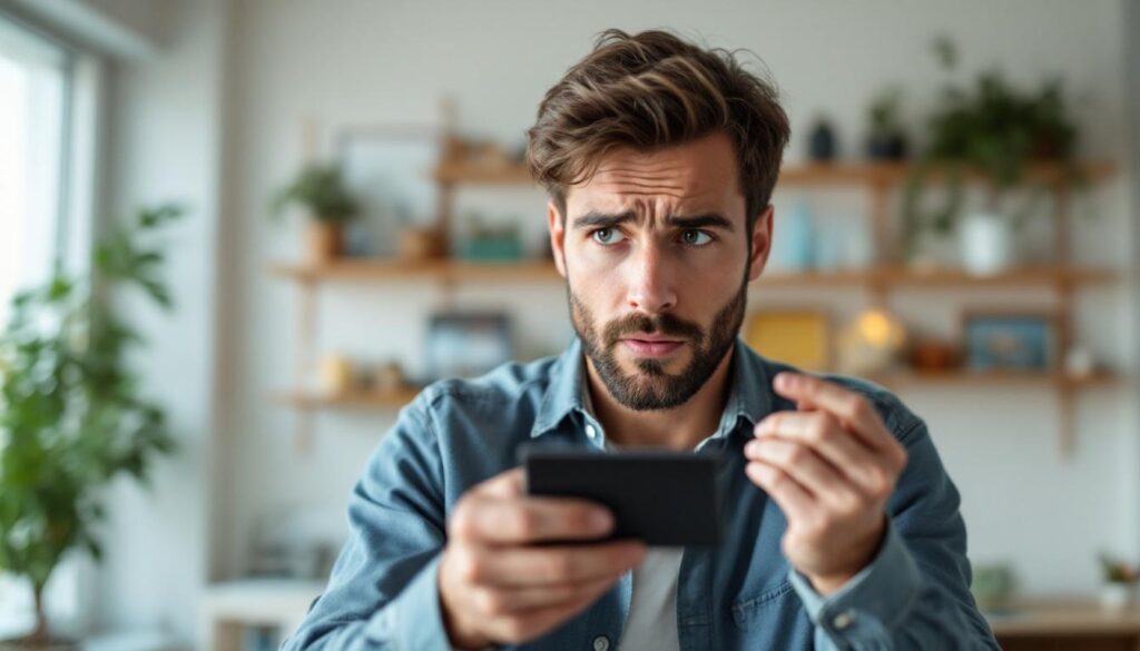 A photograph of a person looking concerned while holding or searching for their wallet or debit card in a casual home or public setting