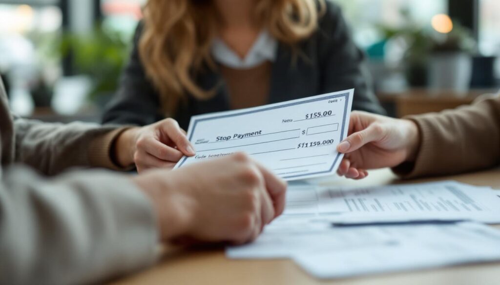 A photograph of capture a photograph of a bank teller or customer service representative assisting a customer with stopping a payment on a check