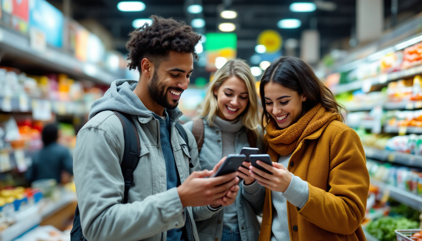 A photograph of a diverse group of shoppers enthusiastically using their smartphones and coupons while browsing in a vibrant grocery store