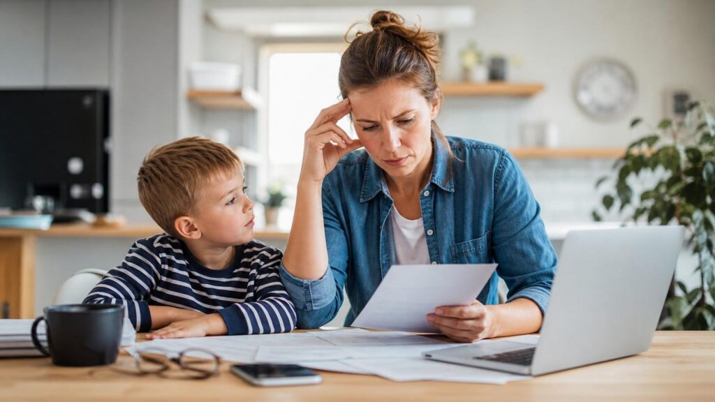 Financial Advice for Single Parents: How to Manage Credit Card Debt and Rebuild Financial Stability Stressed mother reviewing financial documents at a kitchen table with a laptop while her young son looks on with concern.