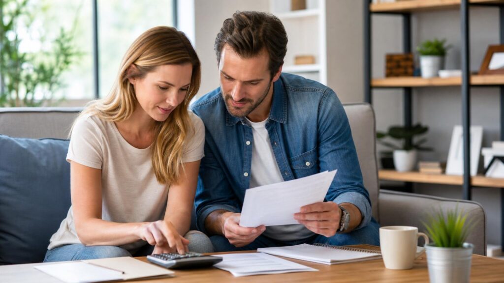 Couple sitting on a sofa reviewing financial documents and using a calculator at a wooden coffee table in a bright living room.