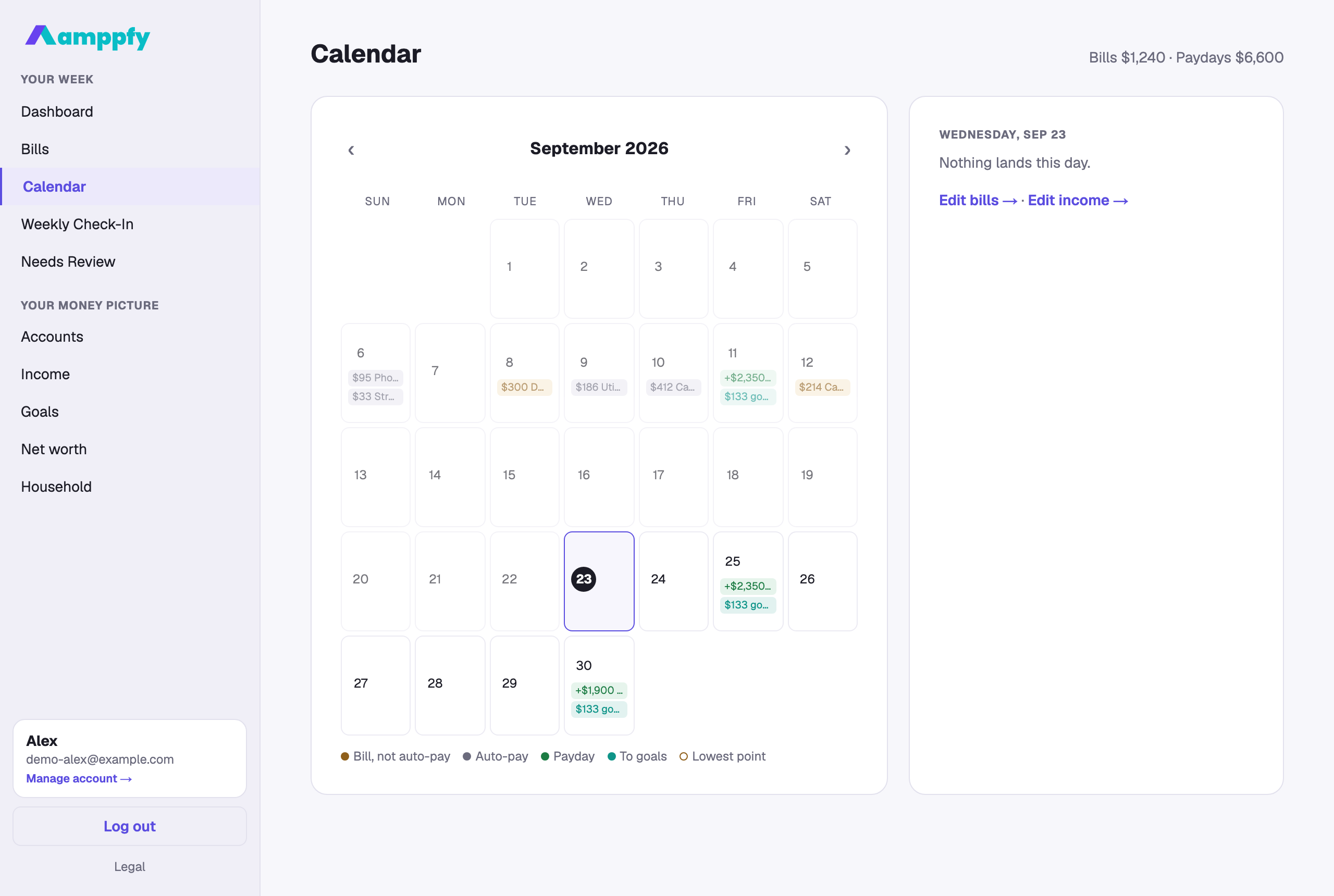 The Calendar on the web — a month of bills, paydays, and goal moves with the day panel