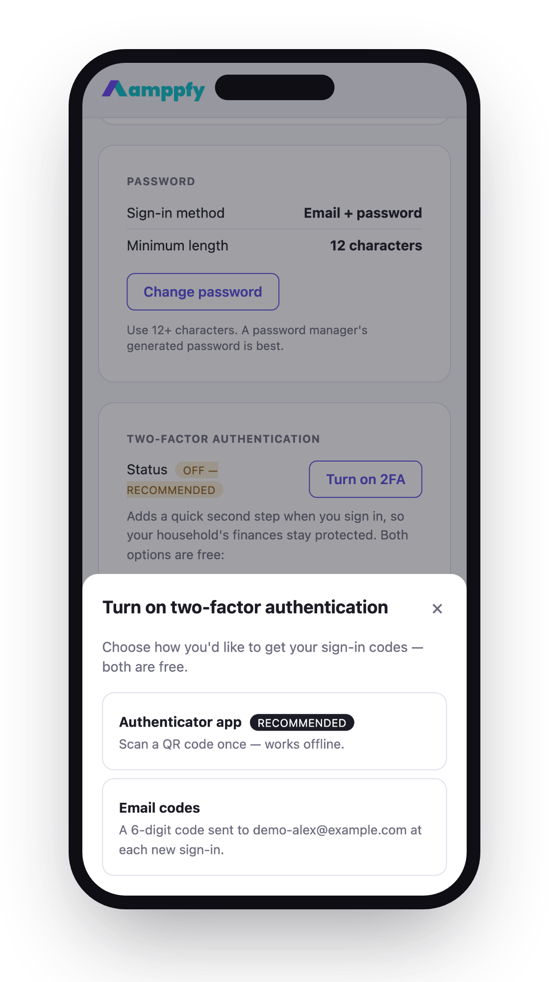 Turning on two-factor authentication on iPhone — authenticator app or email codes