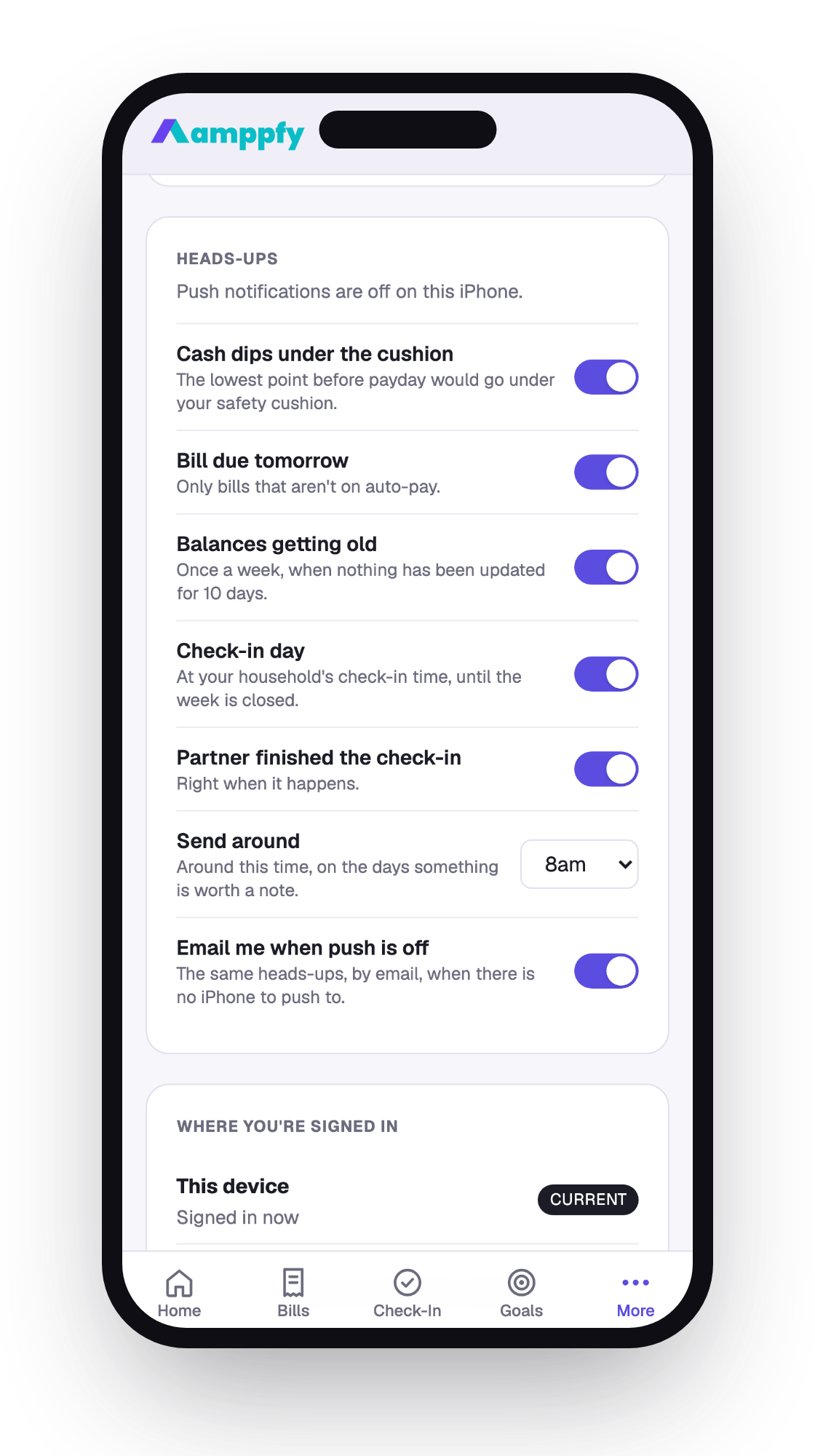 Heads-ups settings on iPhone — cash dips under the cushion, bill due tomorrow, balances getting old, check-in day, partner finished the check-in, send-around time, email when push is off