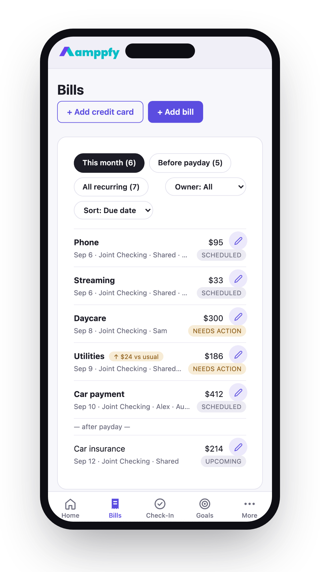 The Bills tab on iPhone — amounts, due dates, and calm statuses