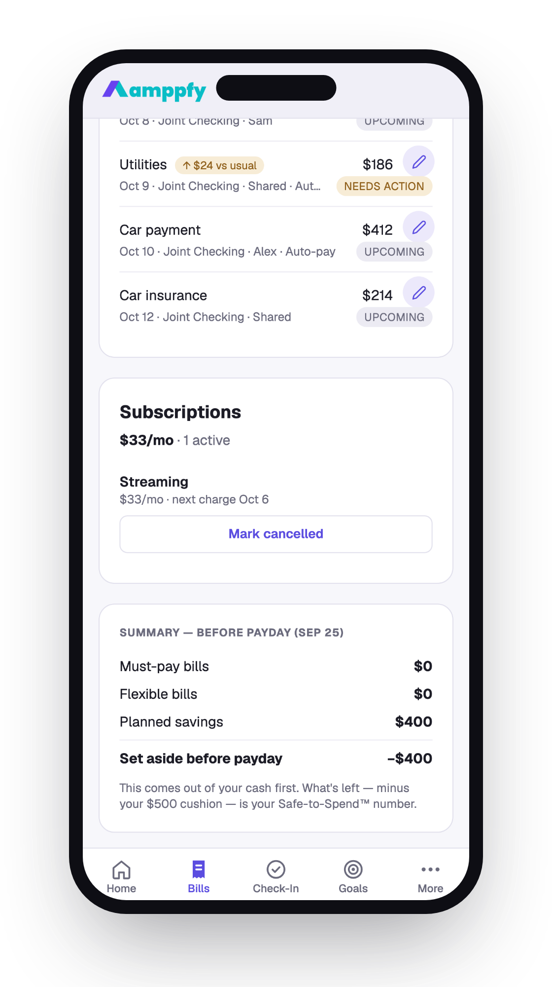 The Subscriptions card on the Bills tab on iPhone — monthly total, next charge, and Mark cancelled