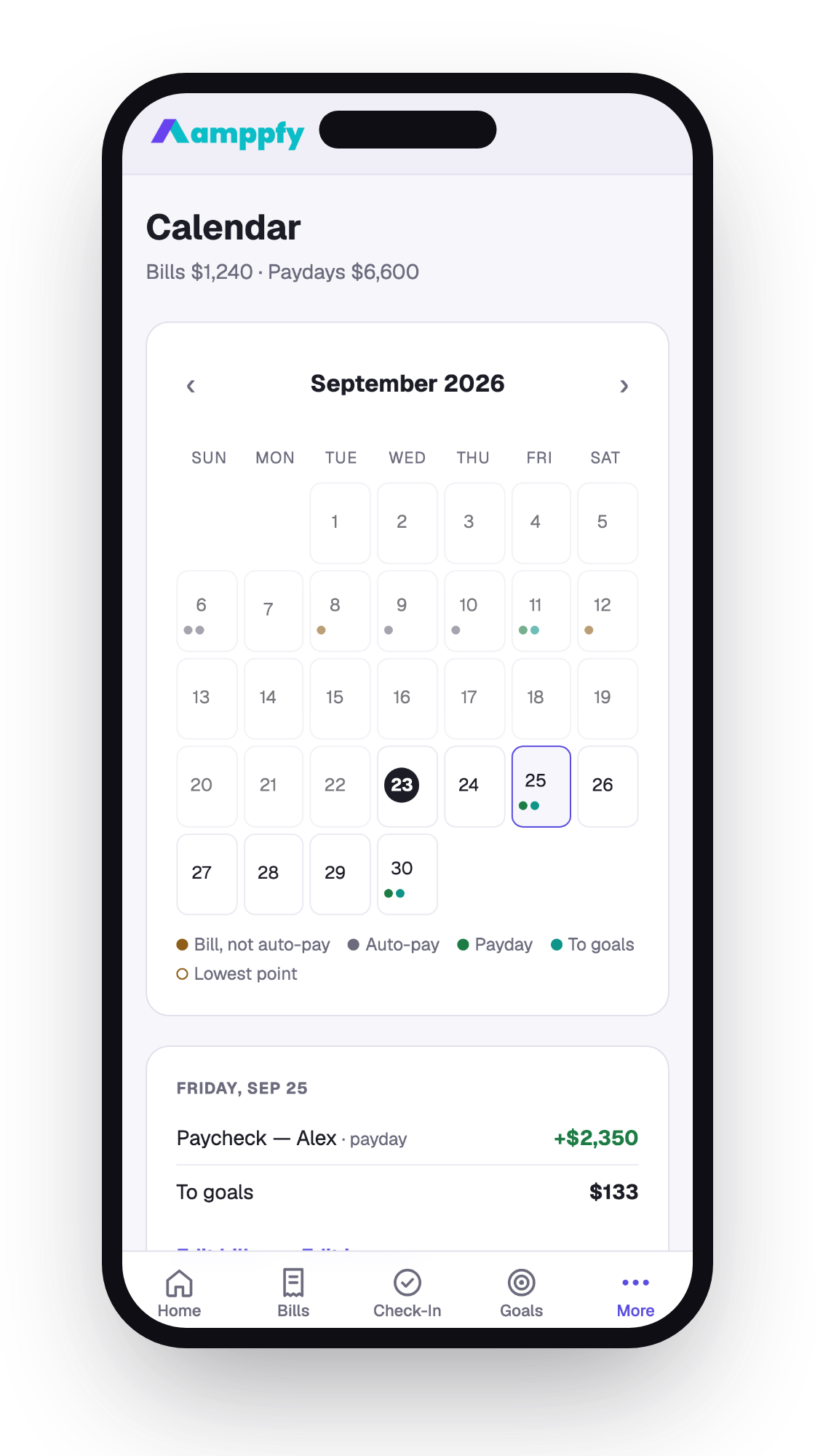The Calendar on iPhone with payday selected — paycheck and the amount going to goals