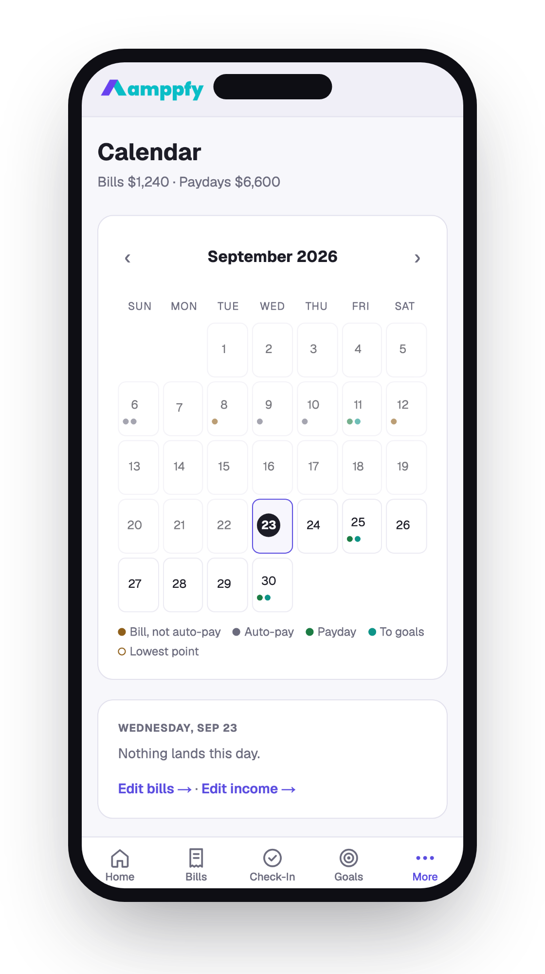 The Calendar on iPhone — bills, paydays, goal moves, and the lowest point before payday on a month grid