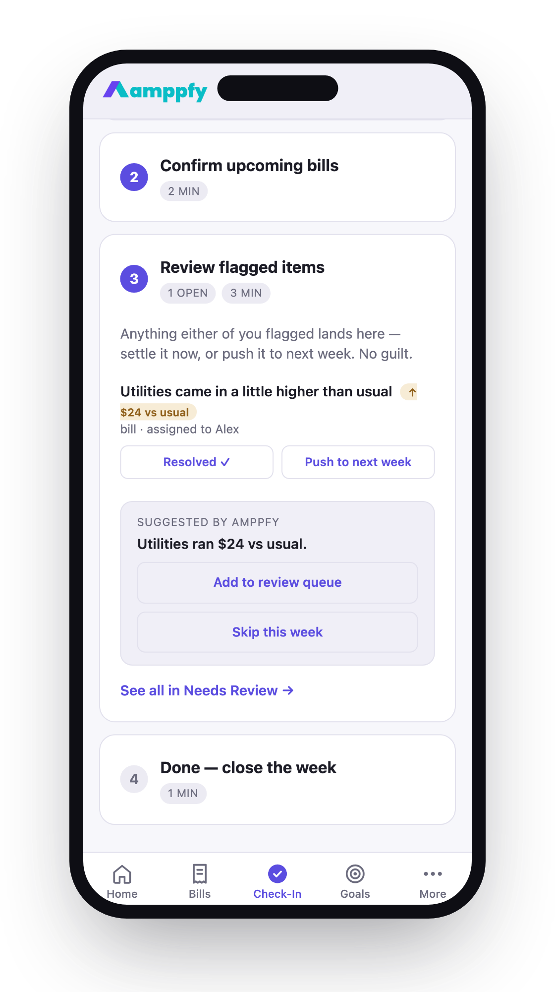 Weekly check-in on iPhone — done, close the week