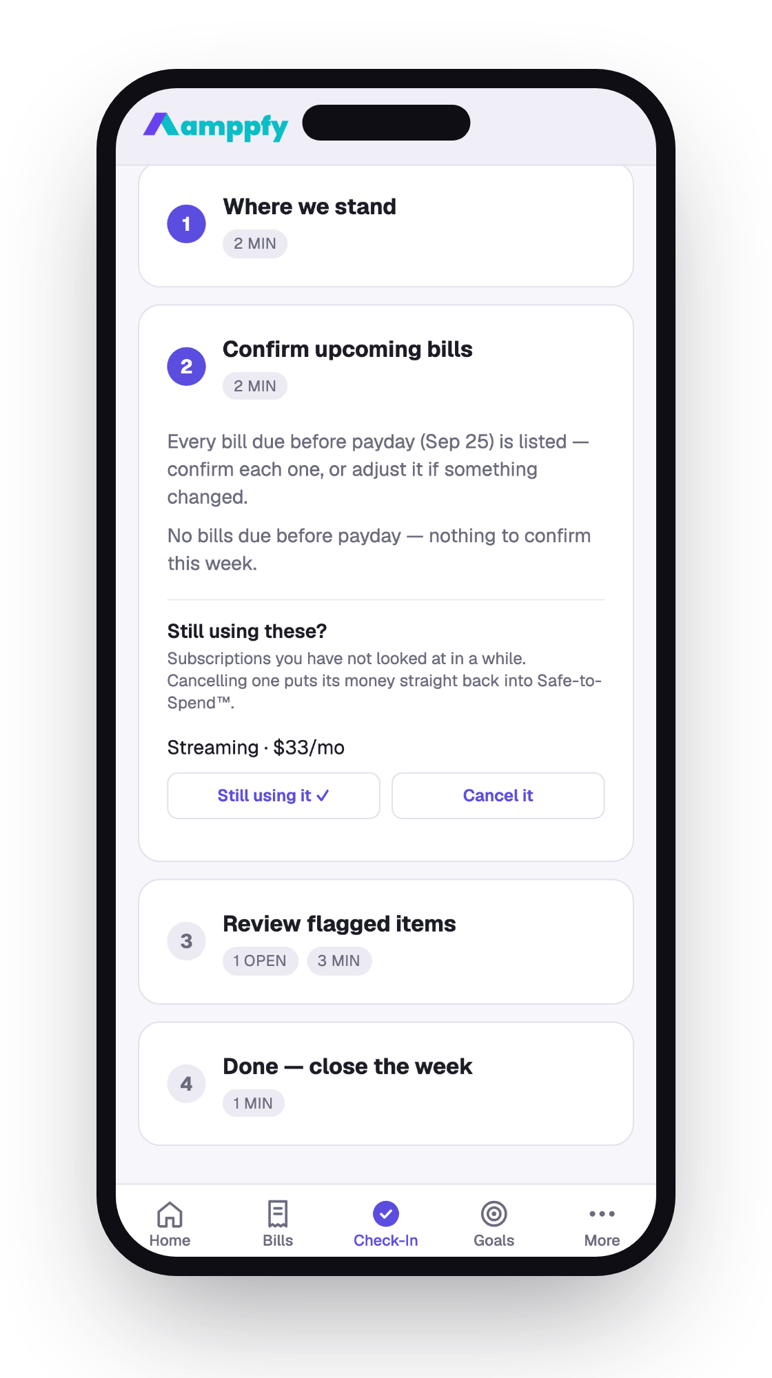 Weekly check-in step 2 on iPhone — Still using these? with Still using it and Cancel it