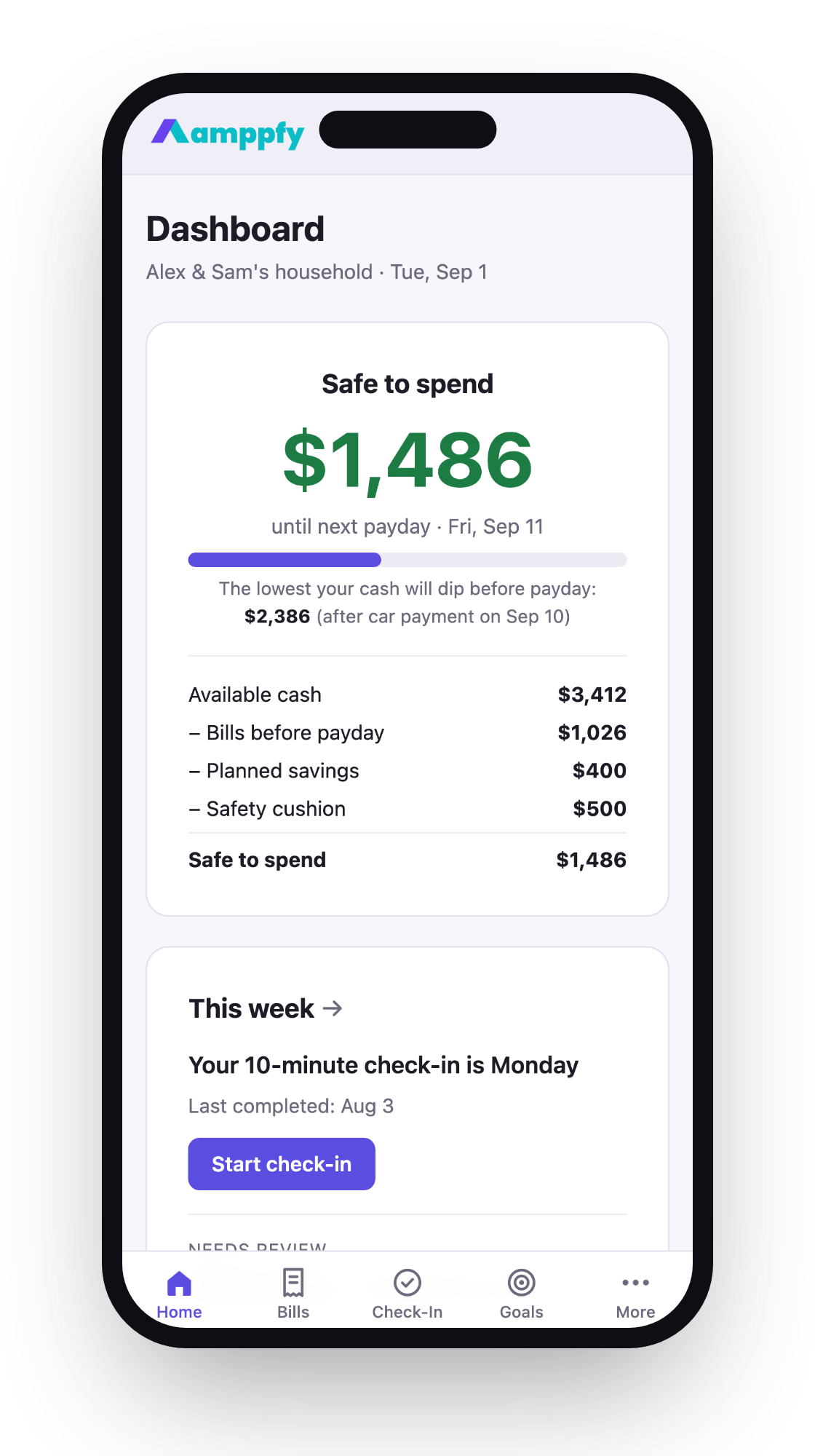 Amppfy on iPhone — one clear number with the math under it