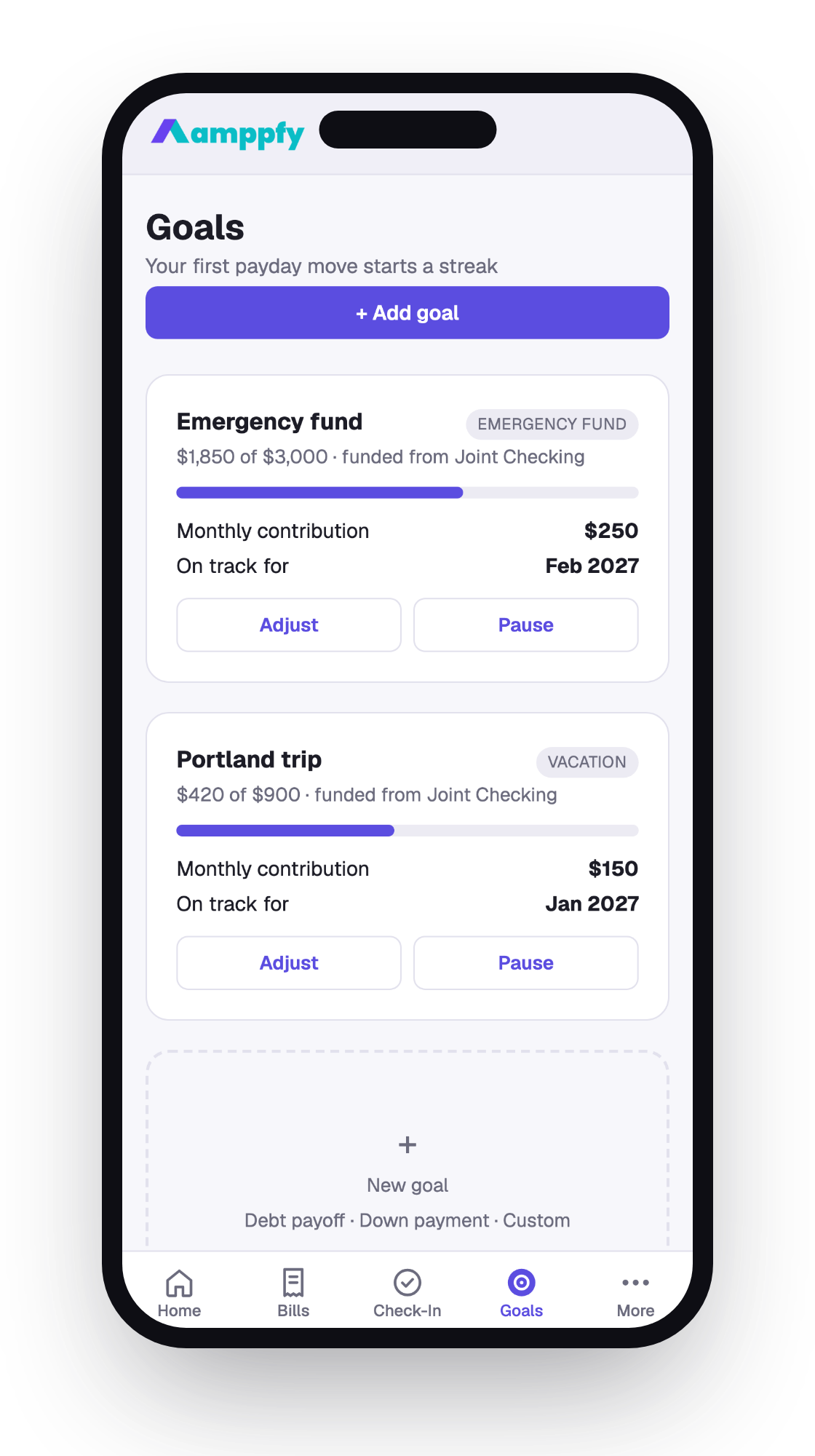 Goals on iPhone — the payday streak line, progress, monthly contribution, and target month