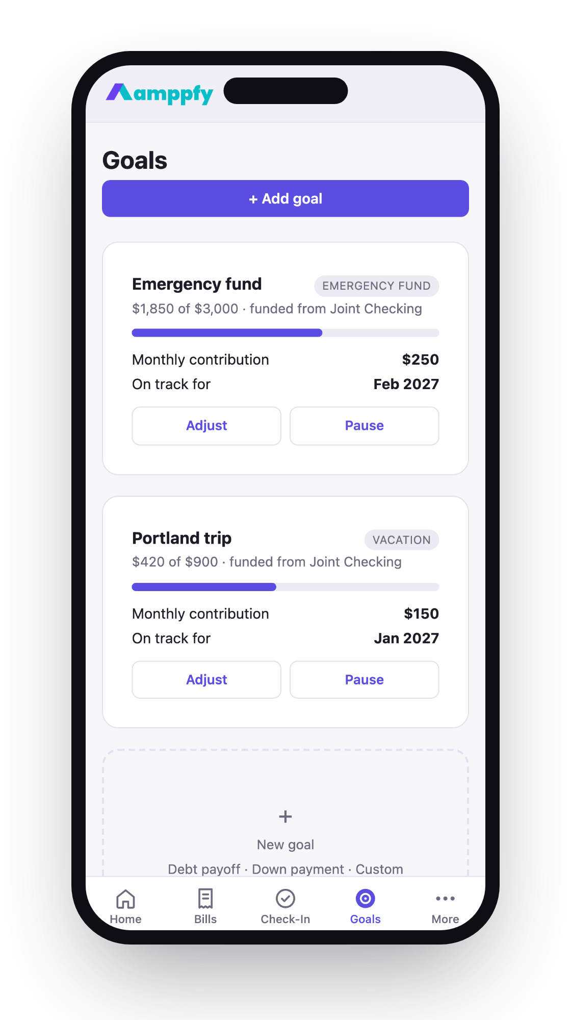 The Goals tab on iPhone — each goal's progress, monthly contribution, Adjust and Pause
