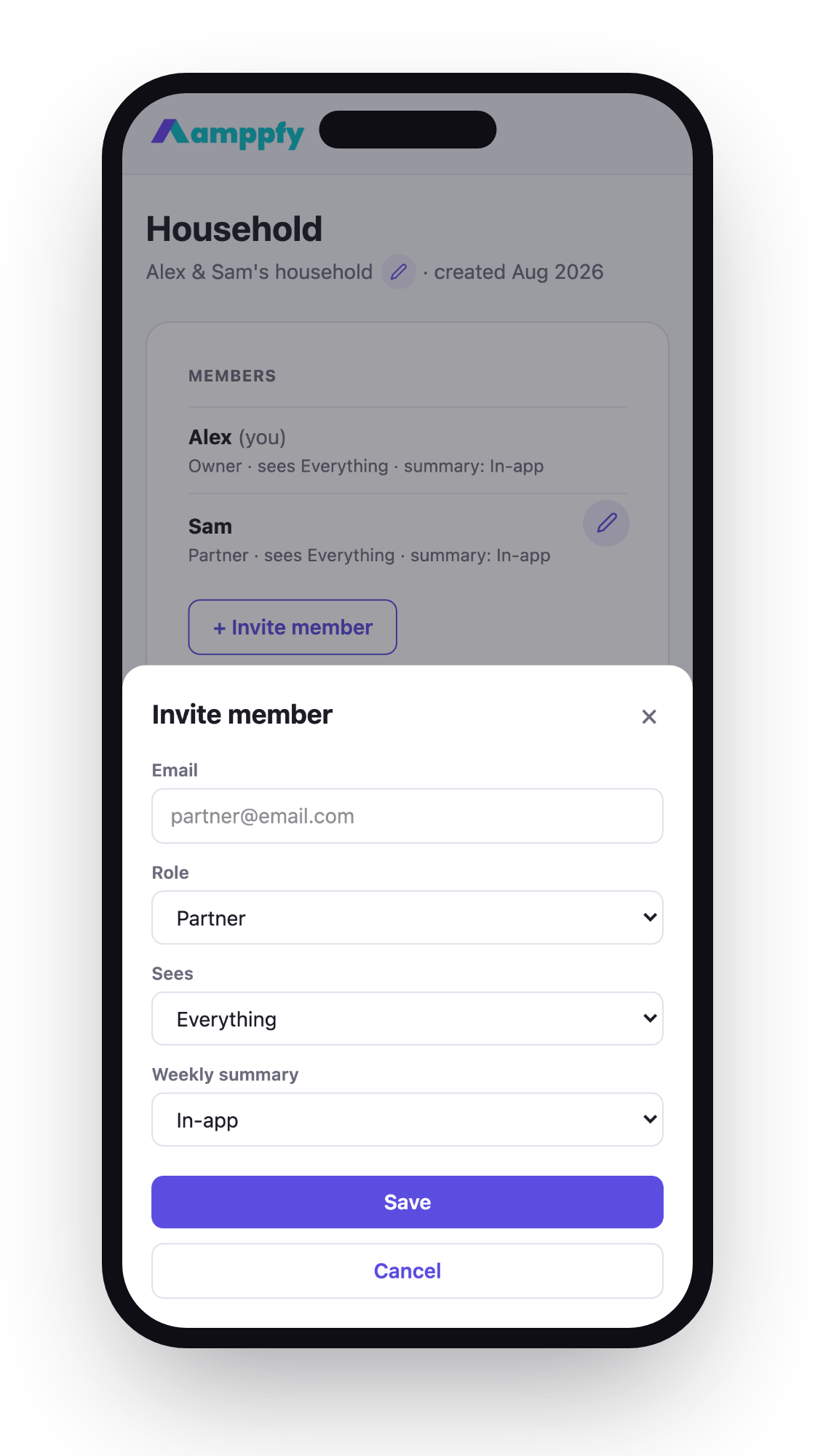 Inviting a member on iPhone — email, role, what they can see, and how they get summaries