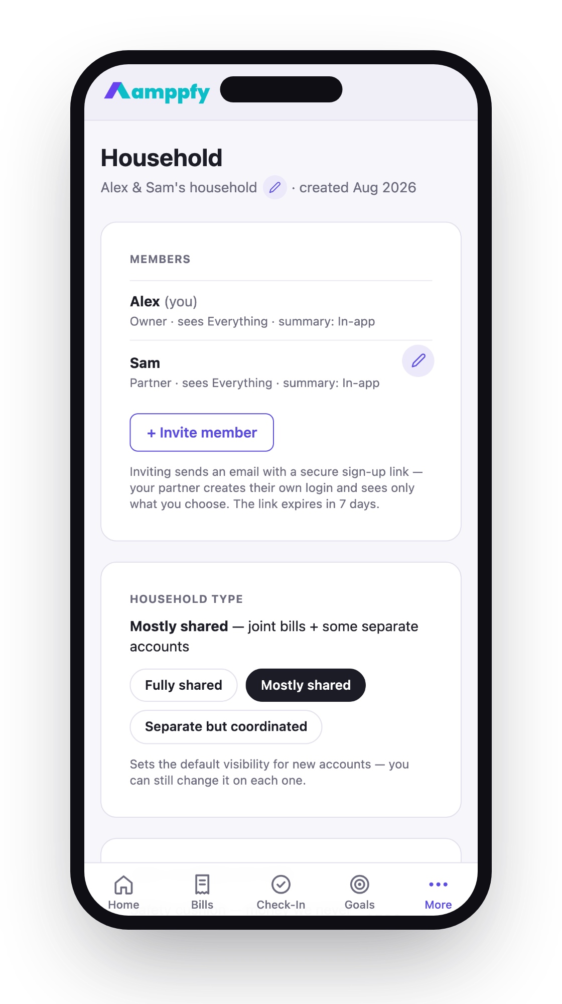 The Household screen on iPhone — members, Invite member, and household type
