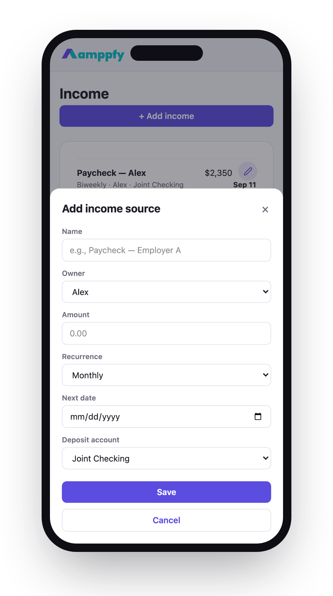 Adding an income on iPhone — amount, recurrence, next date, and deposit account