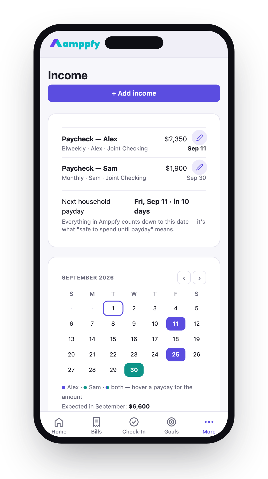 The Income screen on iPhone — each paycheck and the payday calendar