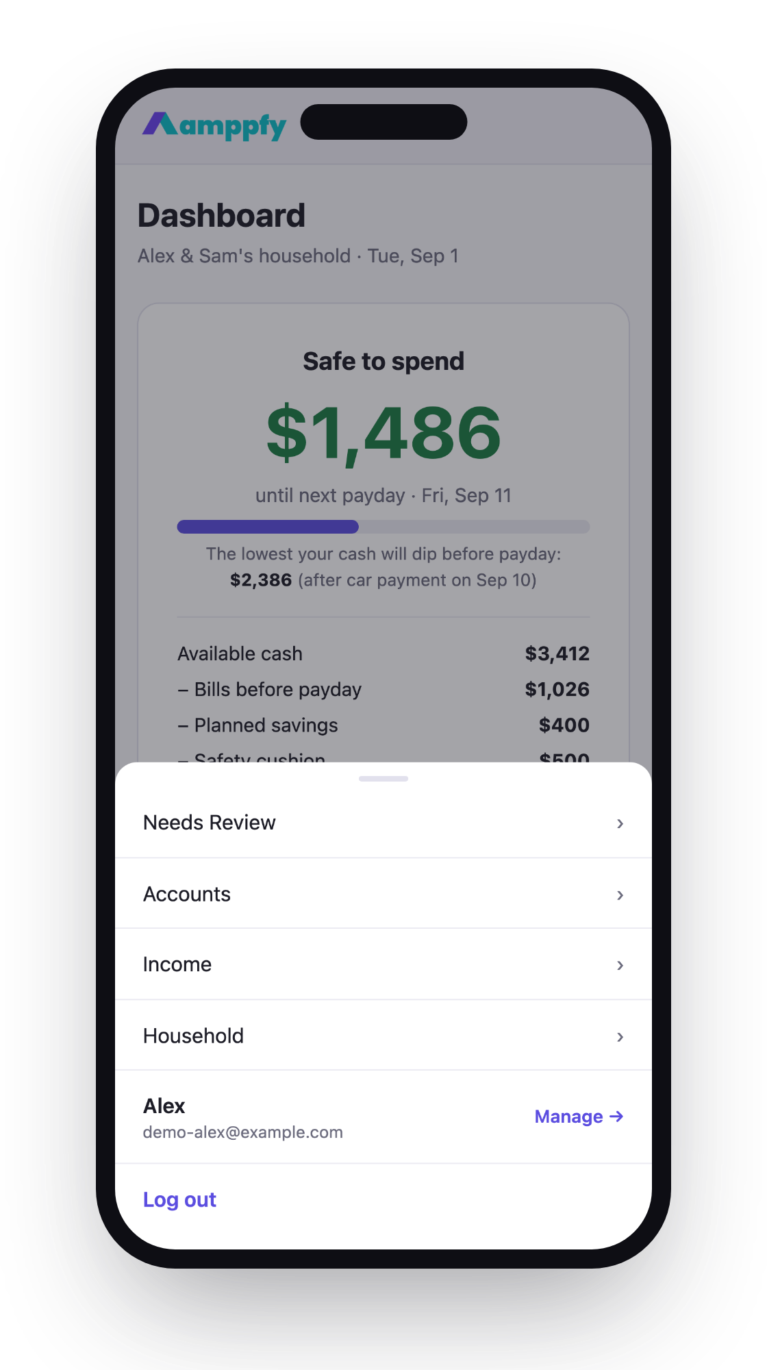 The More tab on iPhone — Needs Review, Accounts, Income, Household, and your account