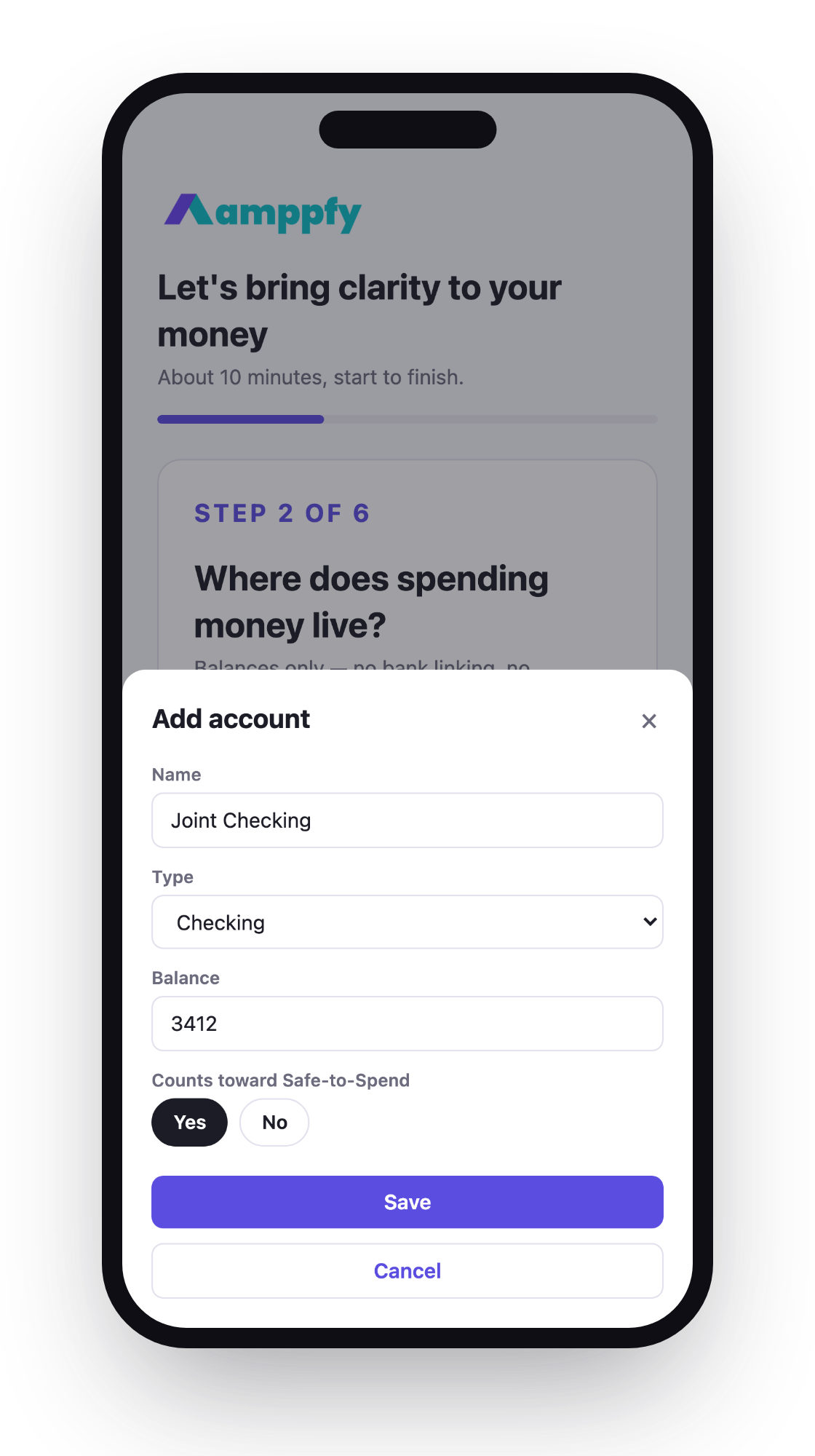 Adding an account during onboarding on iPhone — name, type, balance, counts toward Safe-to-Spend™