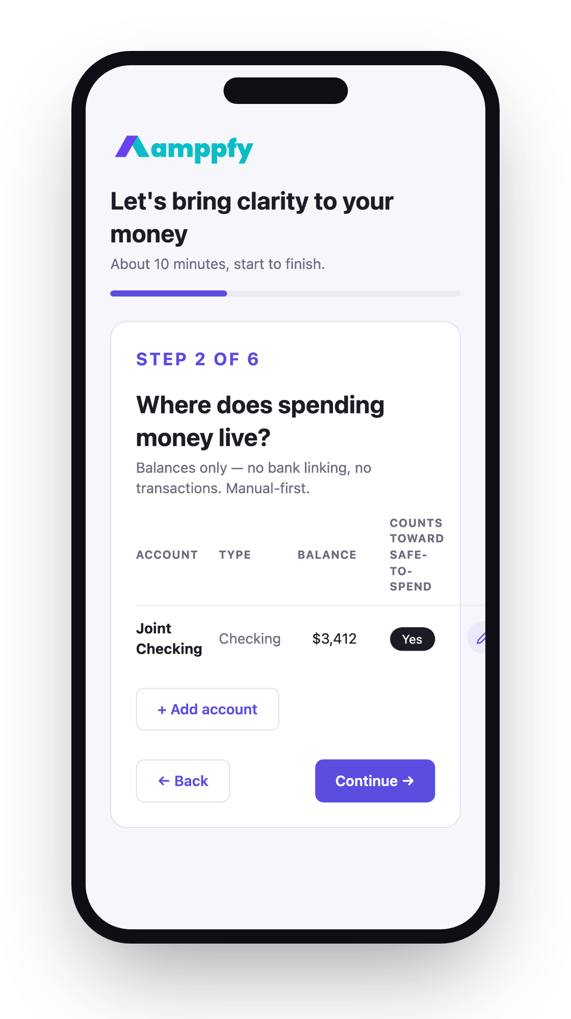 Onboarding step 2 on iPhone — where spending money lives: your accounts and balances