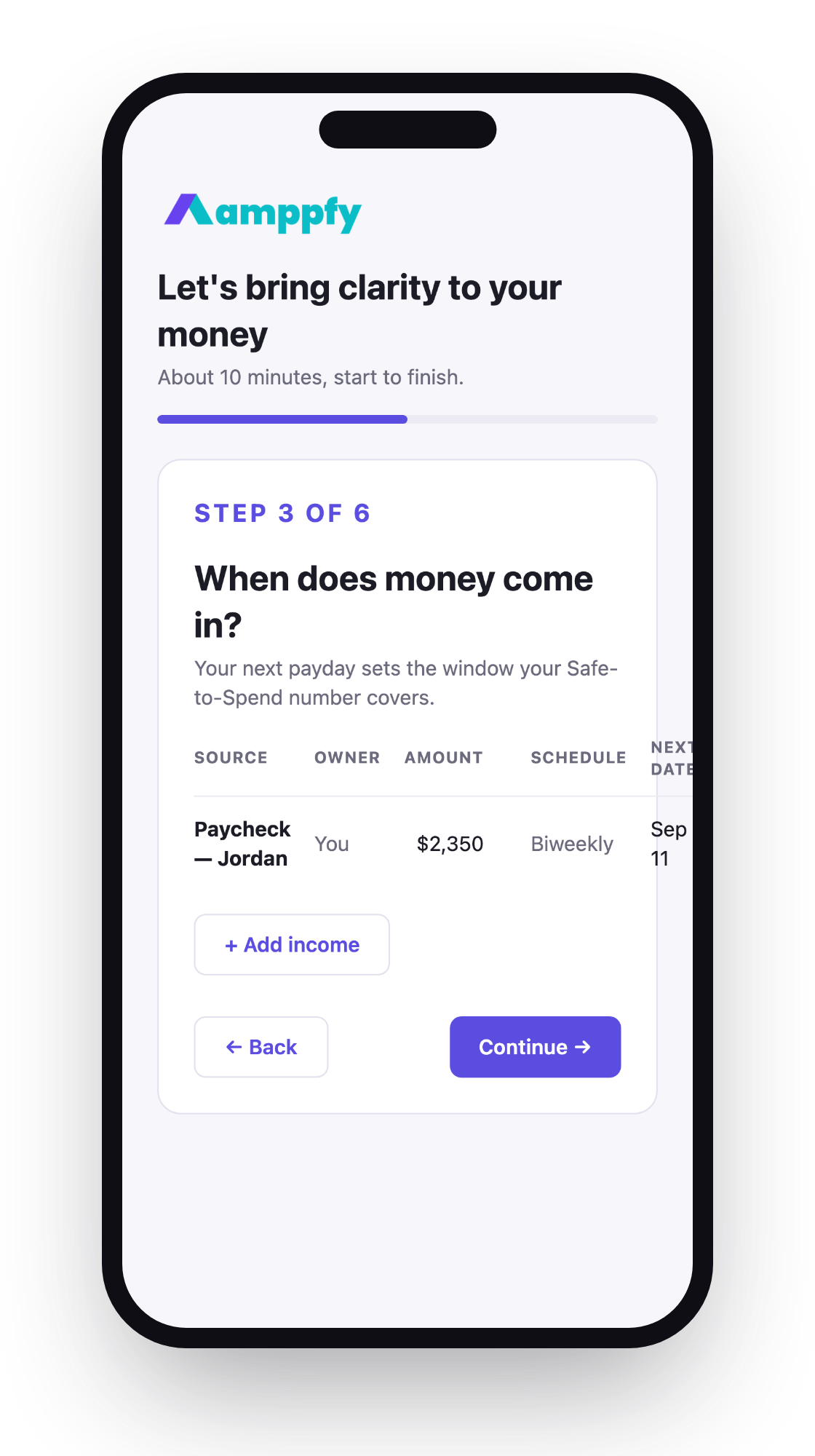 Onboarding step 3 on iPhone — when money comes in: each paycheck and its schedule