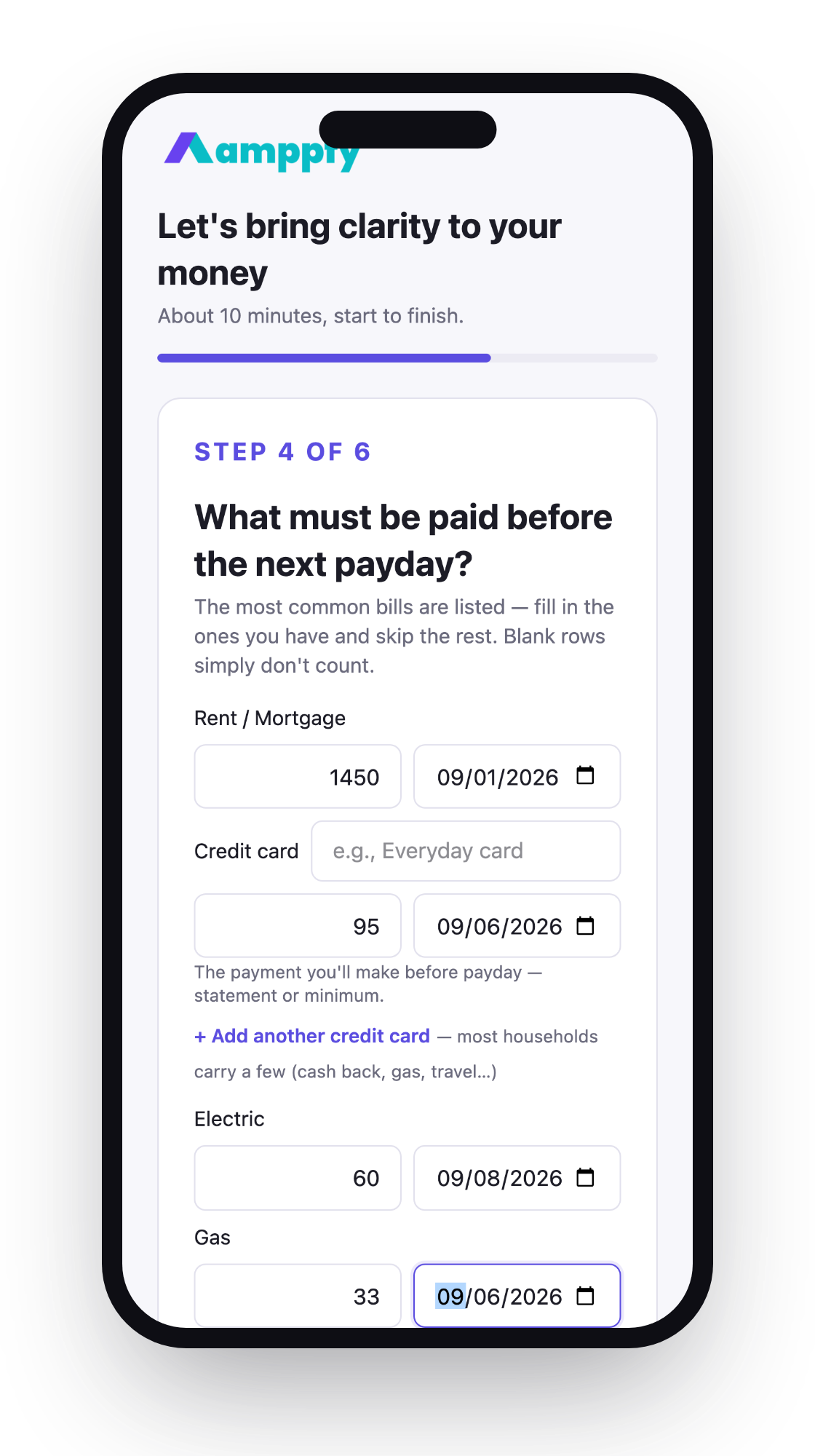 Onboarding step 4 on iPhone — what must be paid before the next payday: the pre-listed bills grid