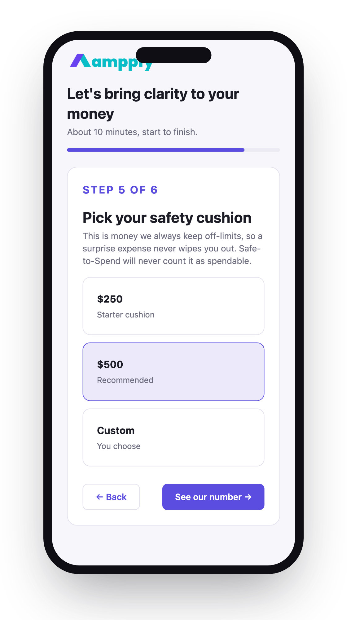Onboarding step 5 on iPhone — pick your safety cushion