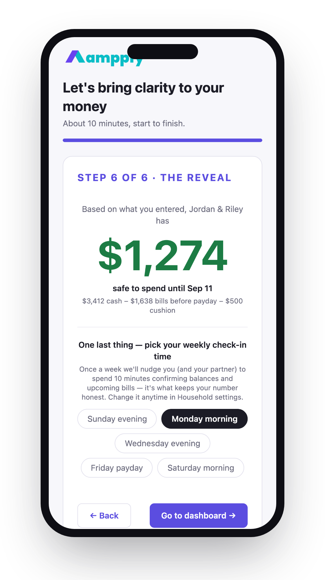Onboarding step 6 on iPhone — the reveal, and picking your weekly check-in day
