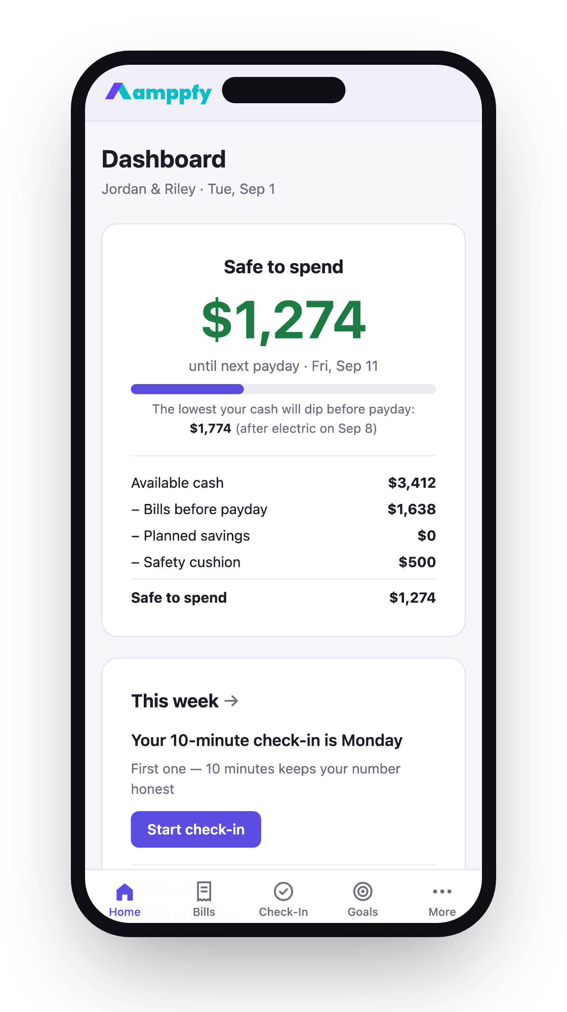 The first Safe-to-Spend™ number on iPhone, right after setup
