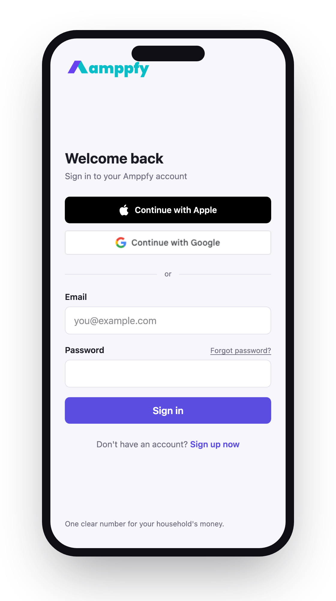 The Amppfy sign-in screen on iPhone