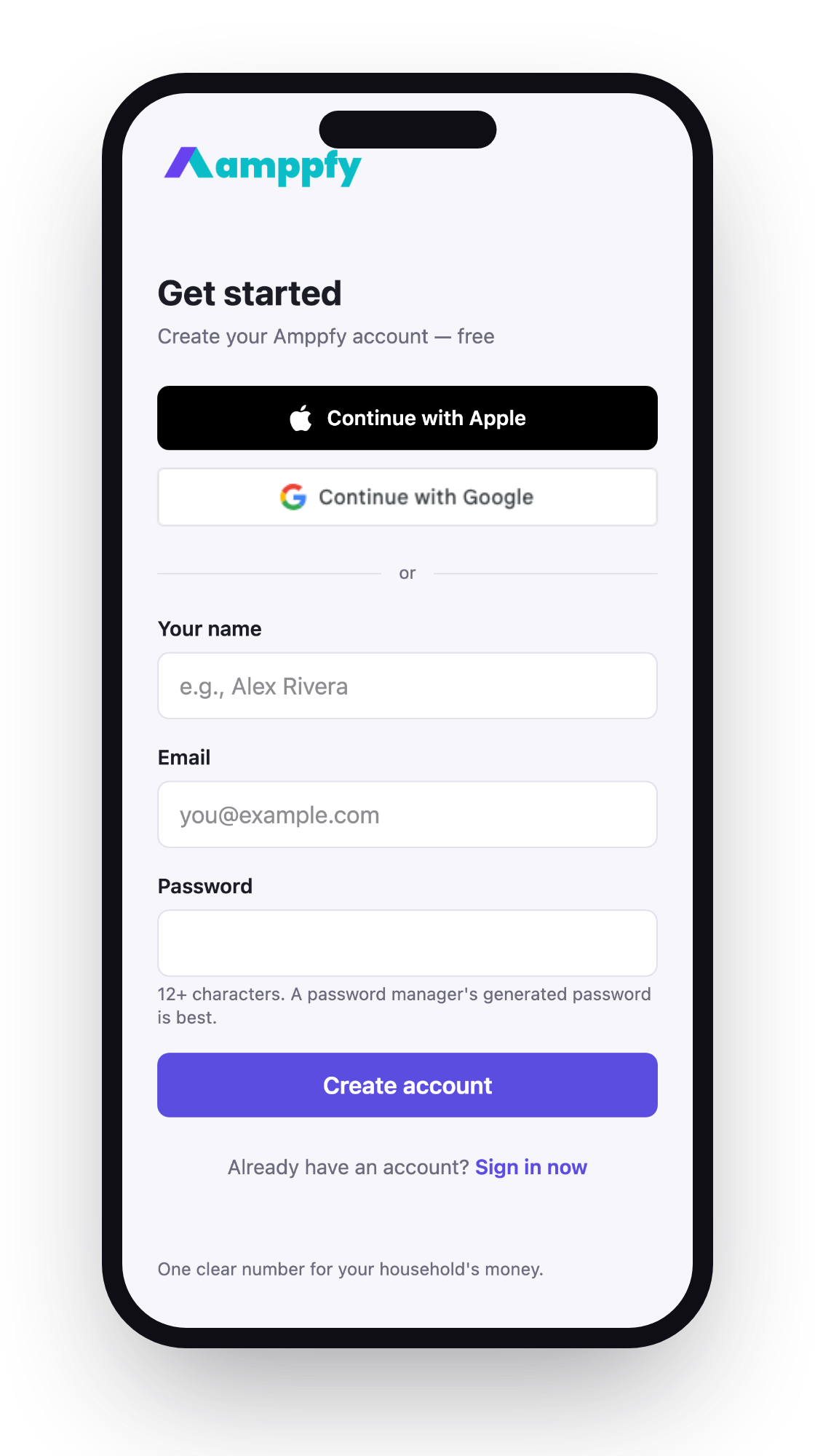 The Amppfy sign-up screen on iPhone — Continue with Apple, Continue with Google, or email