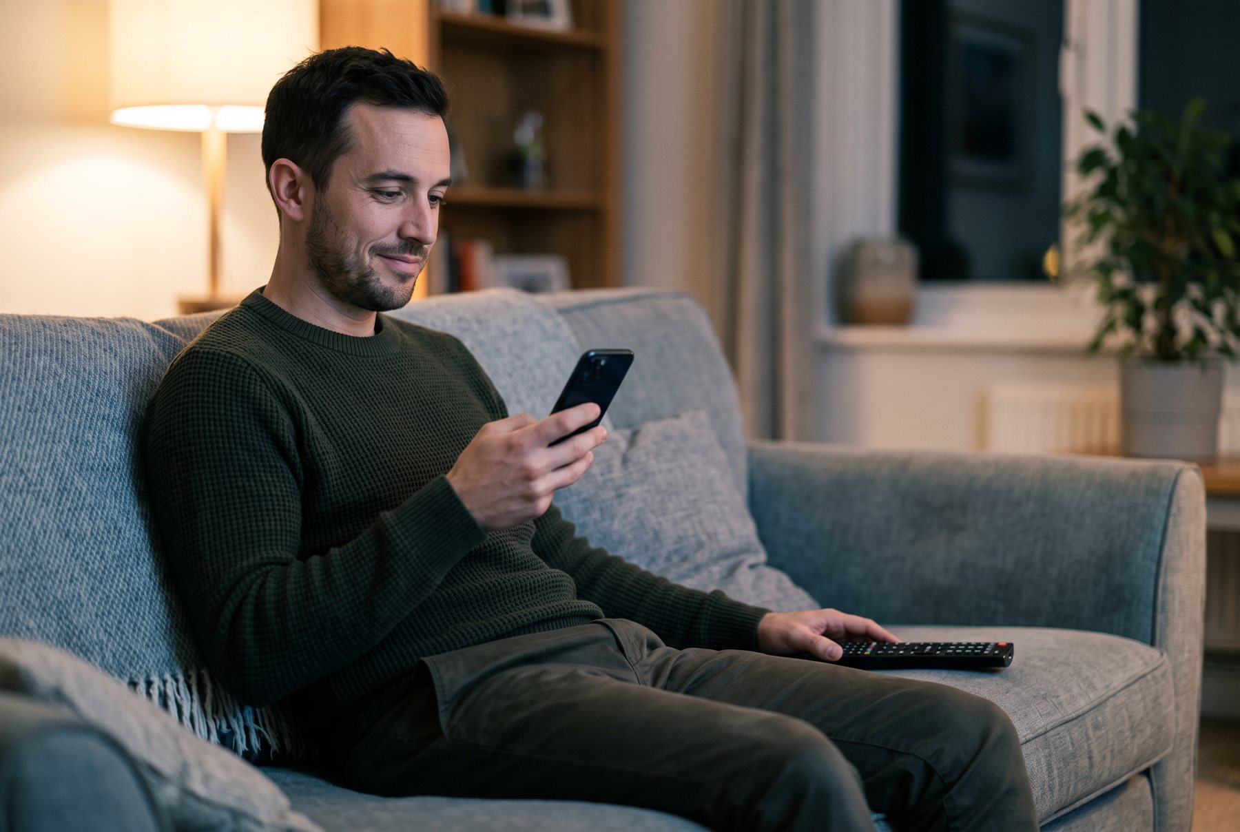 A man on a couch in the evening, phone in hand, deciding which subscription to cancel