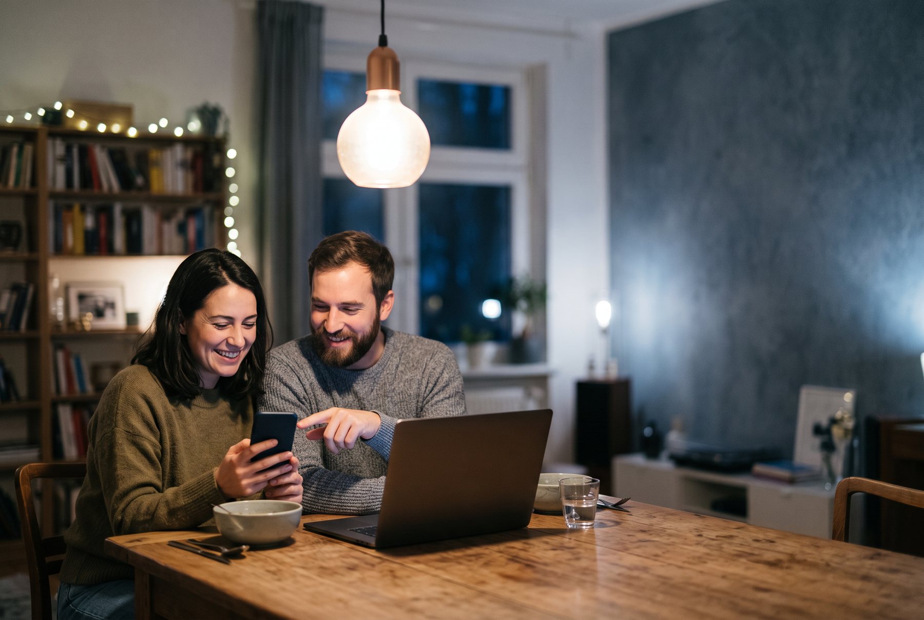 A couple at the dining table on payday, moving money to a goal together