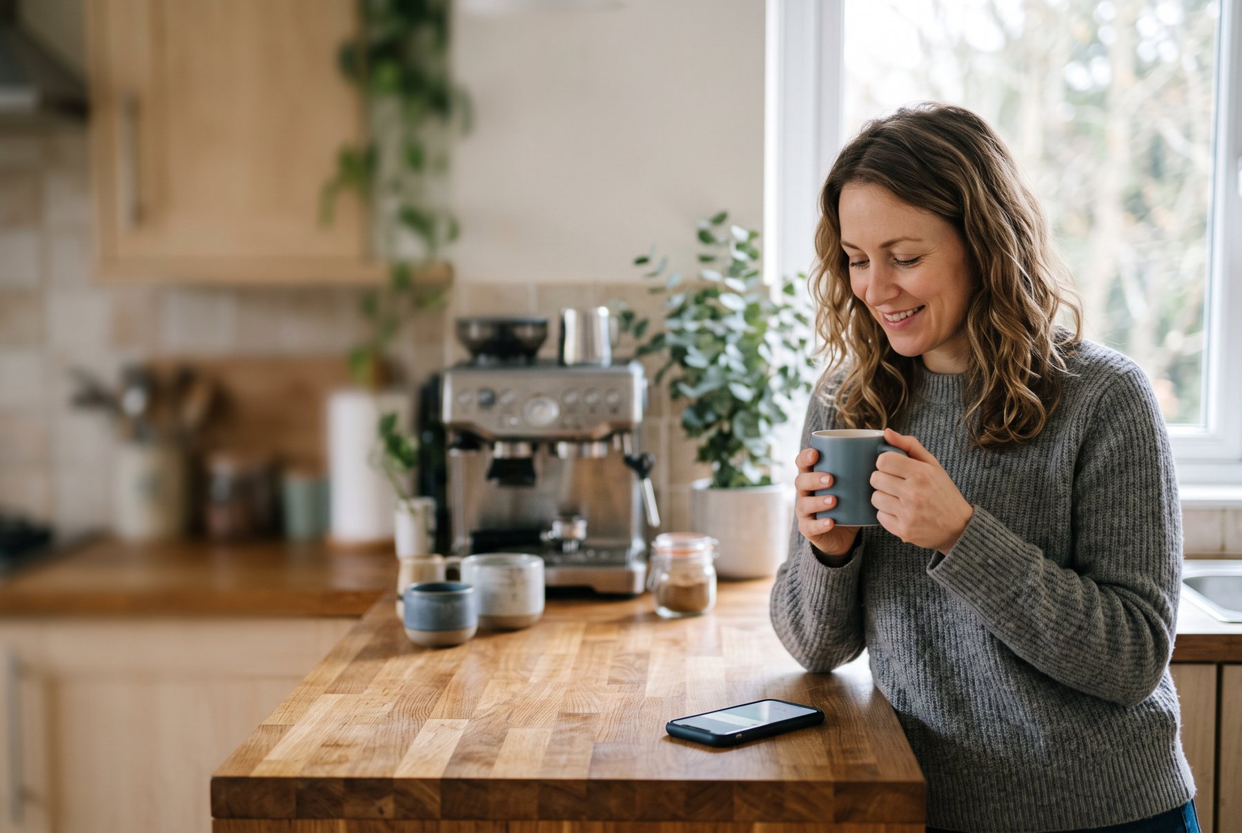 A woman with a morning coffee glancing at a heads-up on her phone