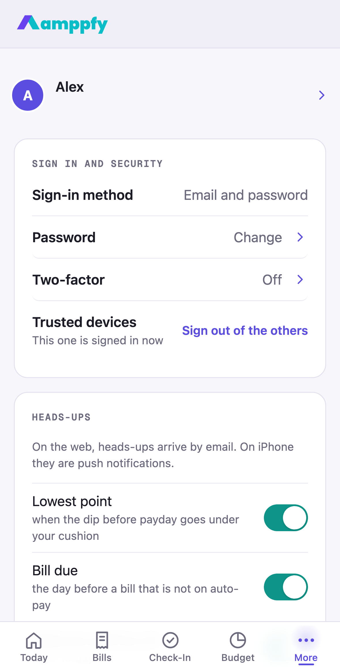 Amppfy iPhone app, the Account screen: Sign-in method, Password, Two-factor, Trusted devices and the Heads-ups switches