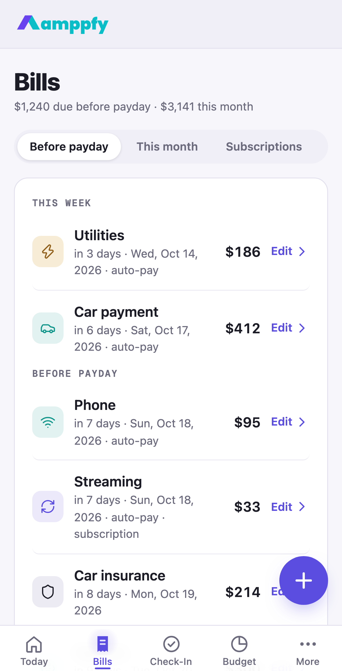 Amppfy iPhone app, the Bills screen: $1,240 due before payday, the tabs and the bill rows with Edit