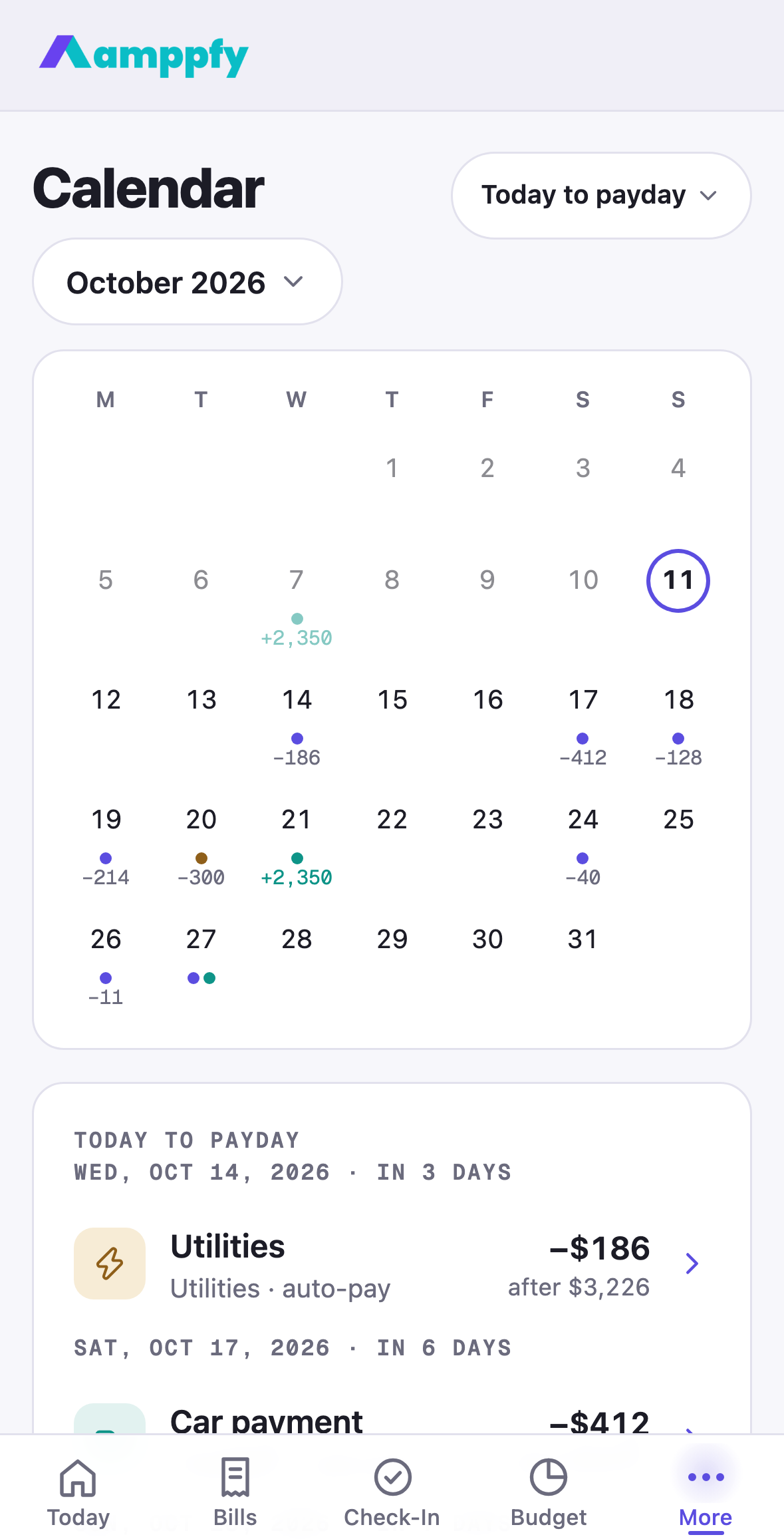 Amppfy iPhone app, the Calendar screen: the full October month grid with bill and payday marks