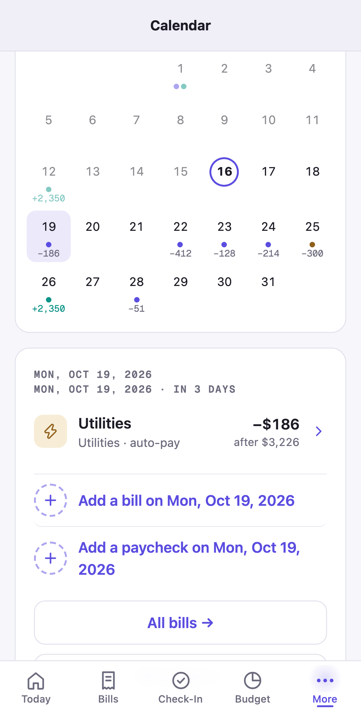 Amppfy iPhone app, the Calendar with Mon, Oct 19 selected: the Utilities bill, then Add a bill on Mon, Oct 19, 2026 and Add a paycheck on Mon, Oct 19, 2026