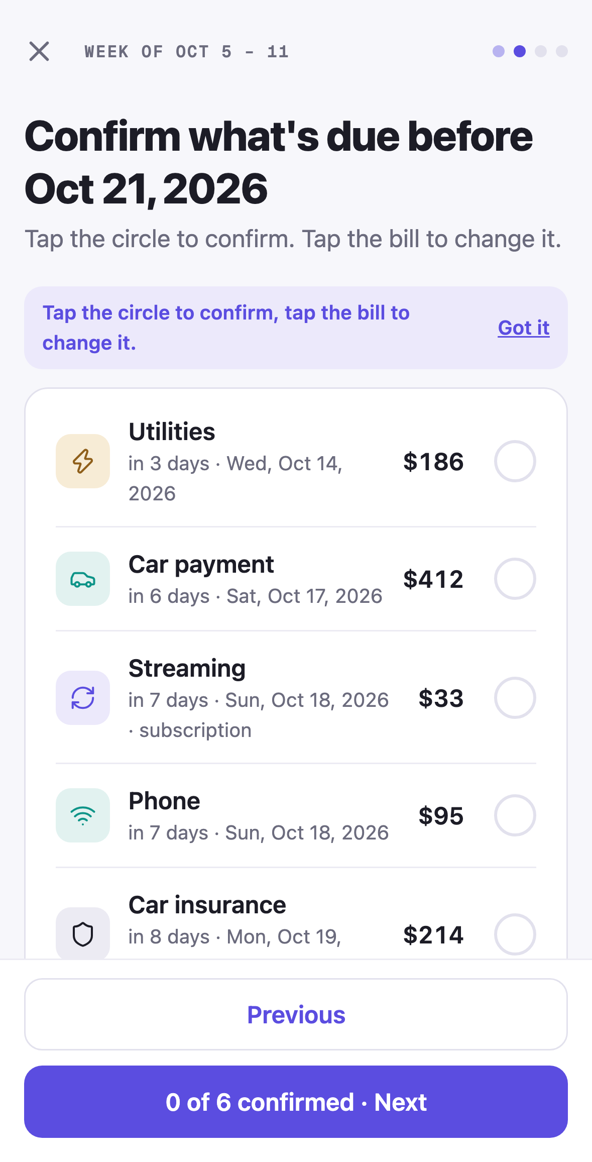 Amppfy iPhone app, the check-in's Confirm what's due step with a circle on each bill