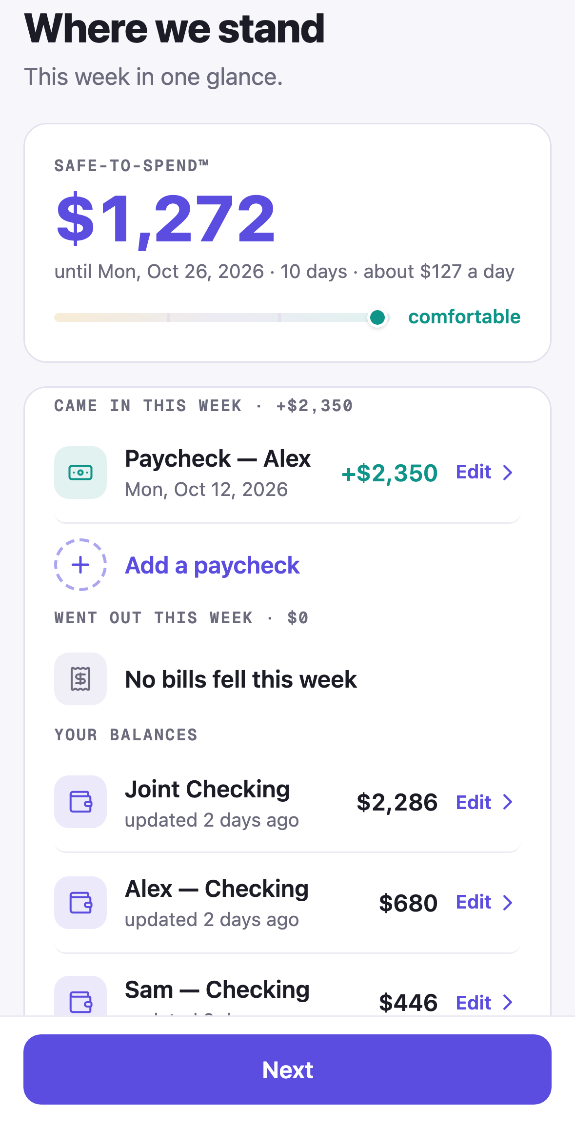Amppfy iPhone app, the check-in's first step, Where we stand: Safe-to-Spend $1,272 and what came in and went out this week
