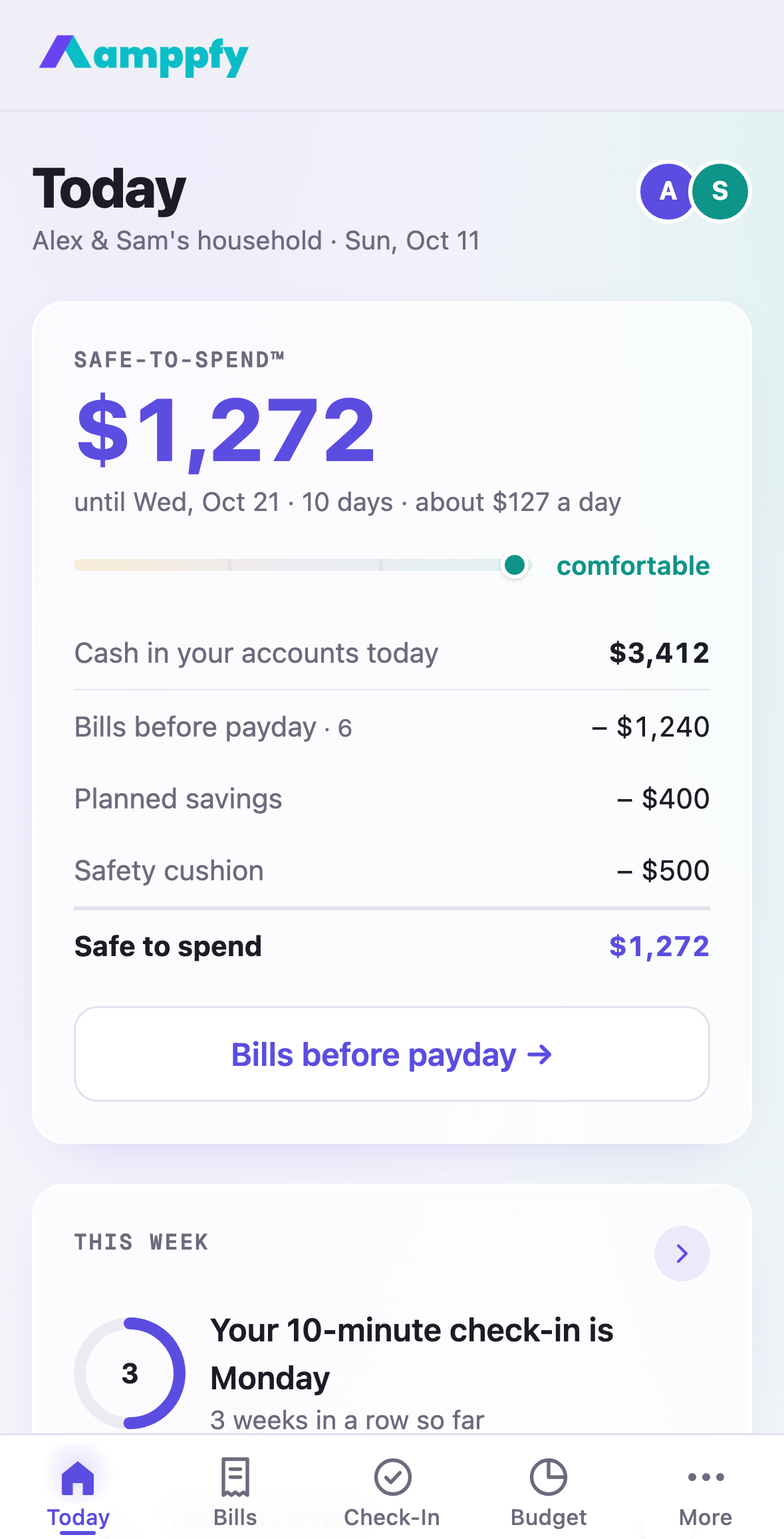 Amppfy iPhone app, the Today screen with Safe-to-Spend™ $1,272 until Wed, Oct 21 and the four lines of the math