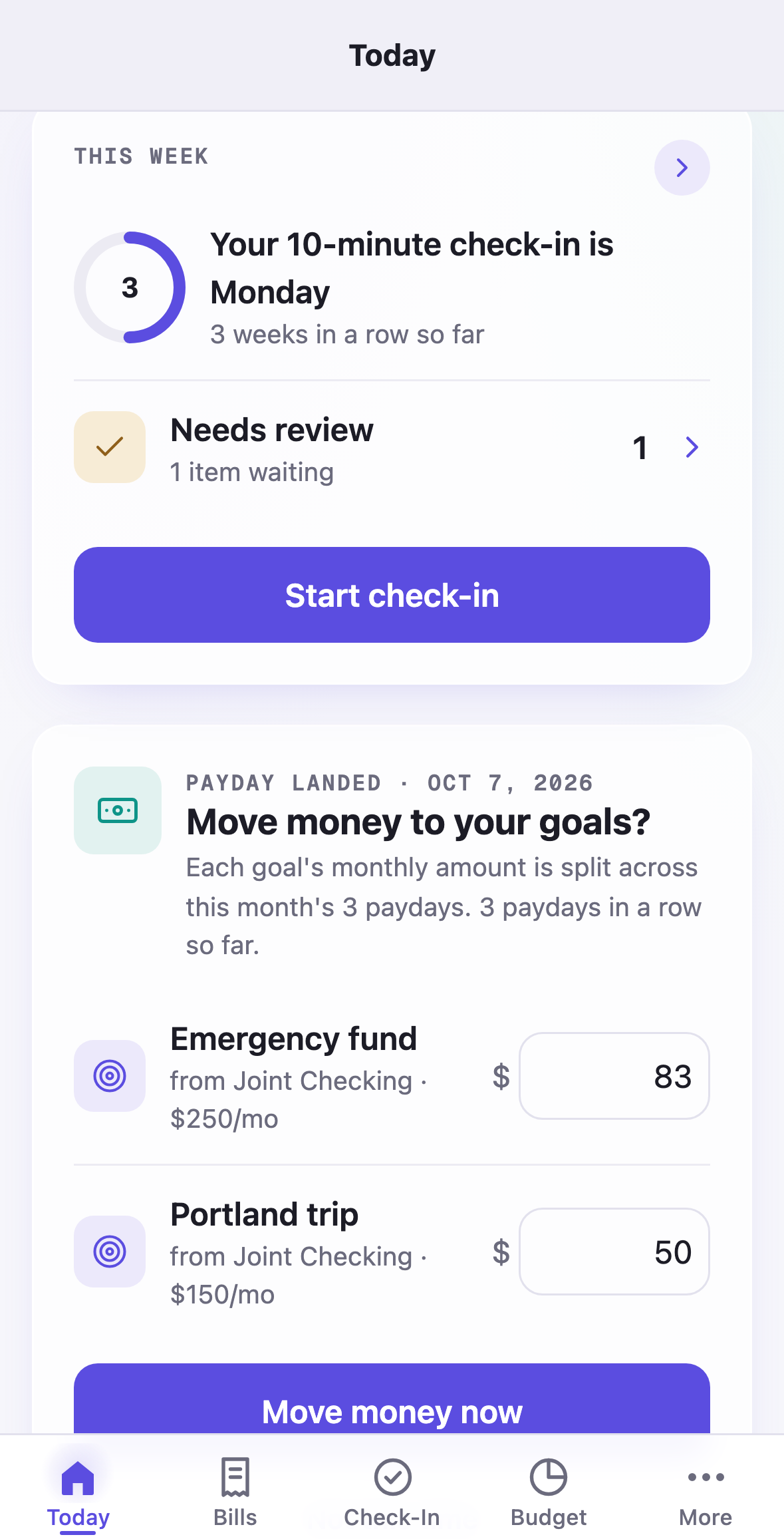 Amppfy iPhone app, the Today screen at This week: the check-in ring, Needs review and Start check-in