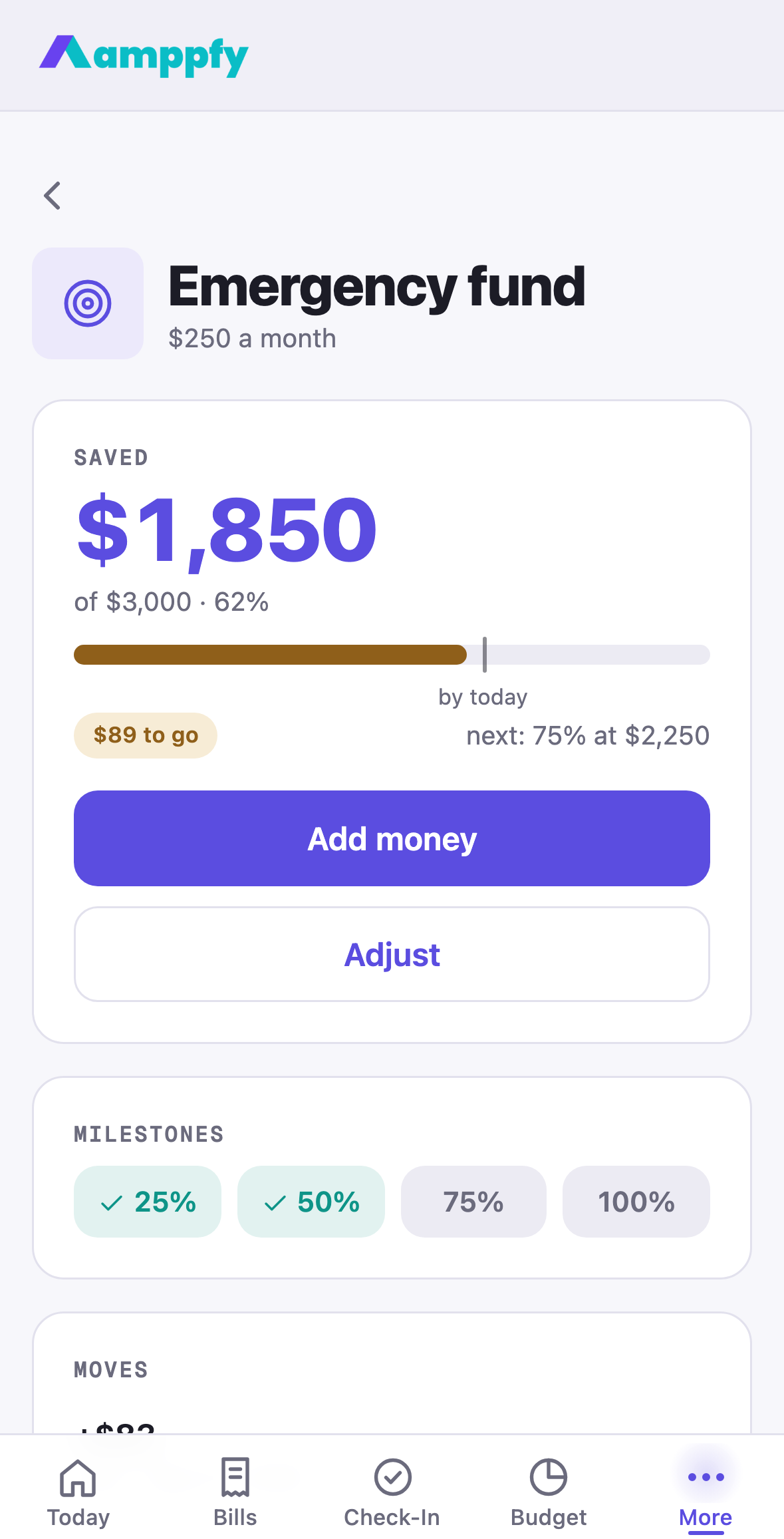 Amppfy iPhone app, the Emergency fund goal page: $1,850 saved of $3,000 with Add money and Adjust