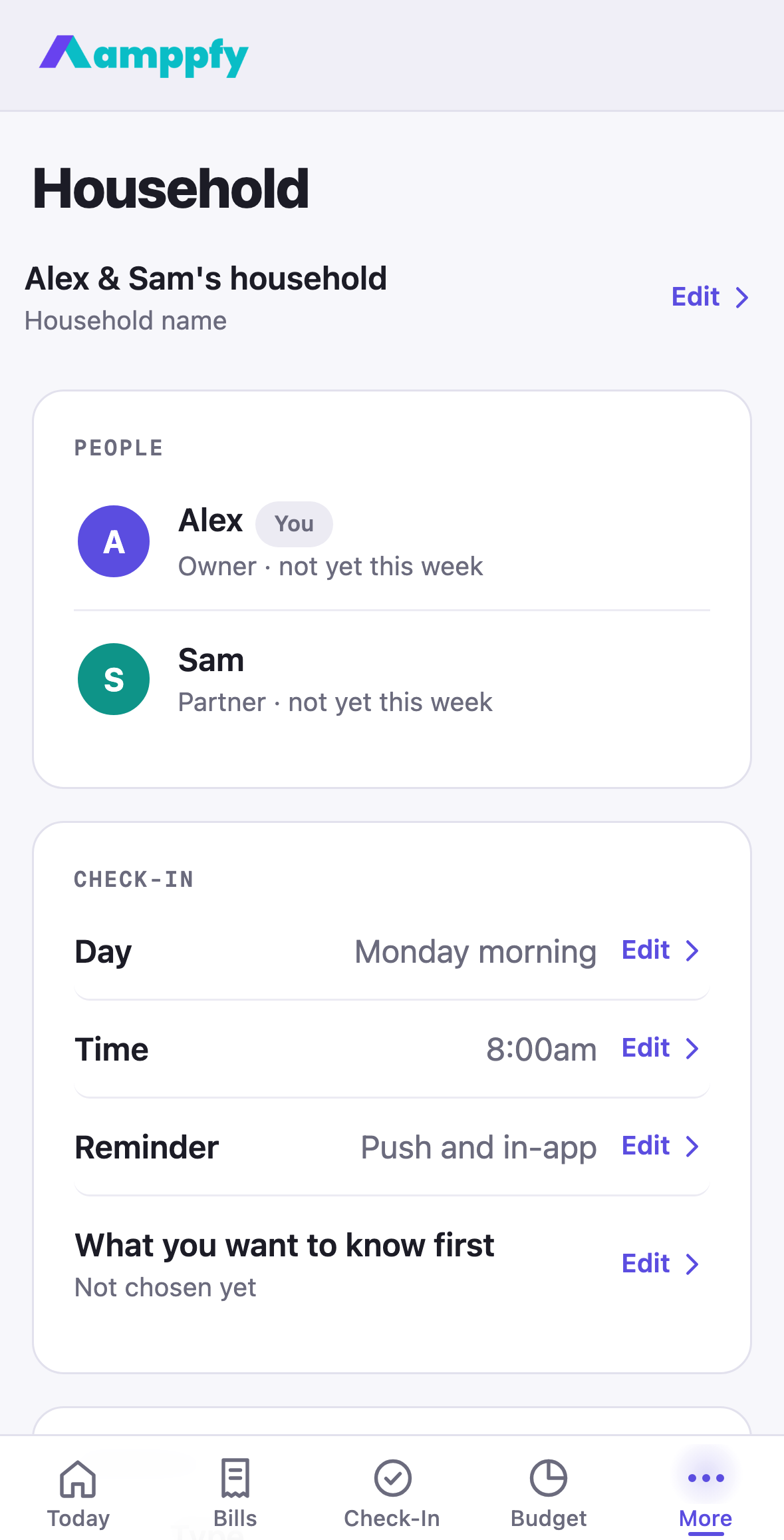 Amppfy iPhone app, the Household screen: the two members, the check-in day, time and reminder