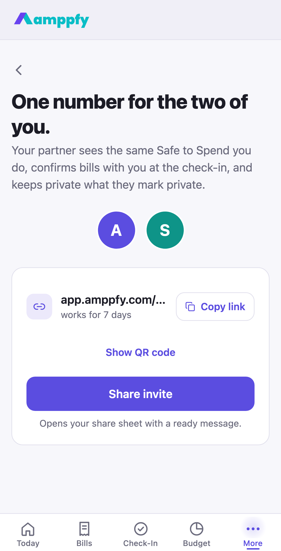 Amppfy iPhone app, the invite page: the link, Copy link, Show QR code and Share invite