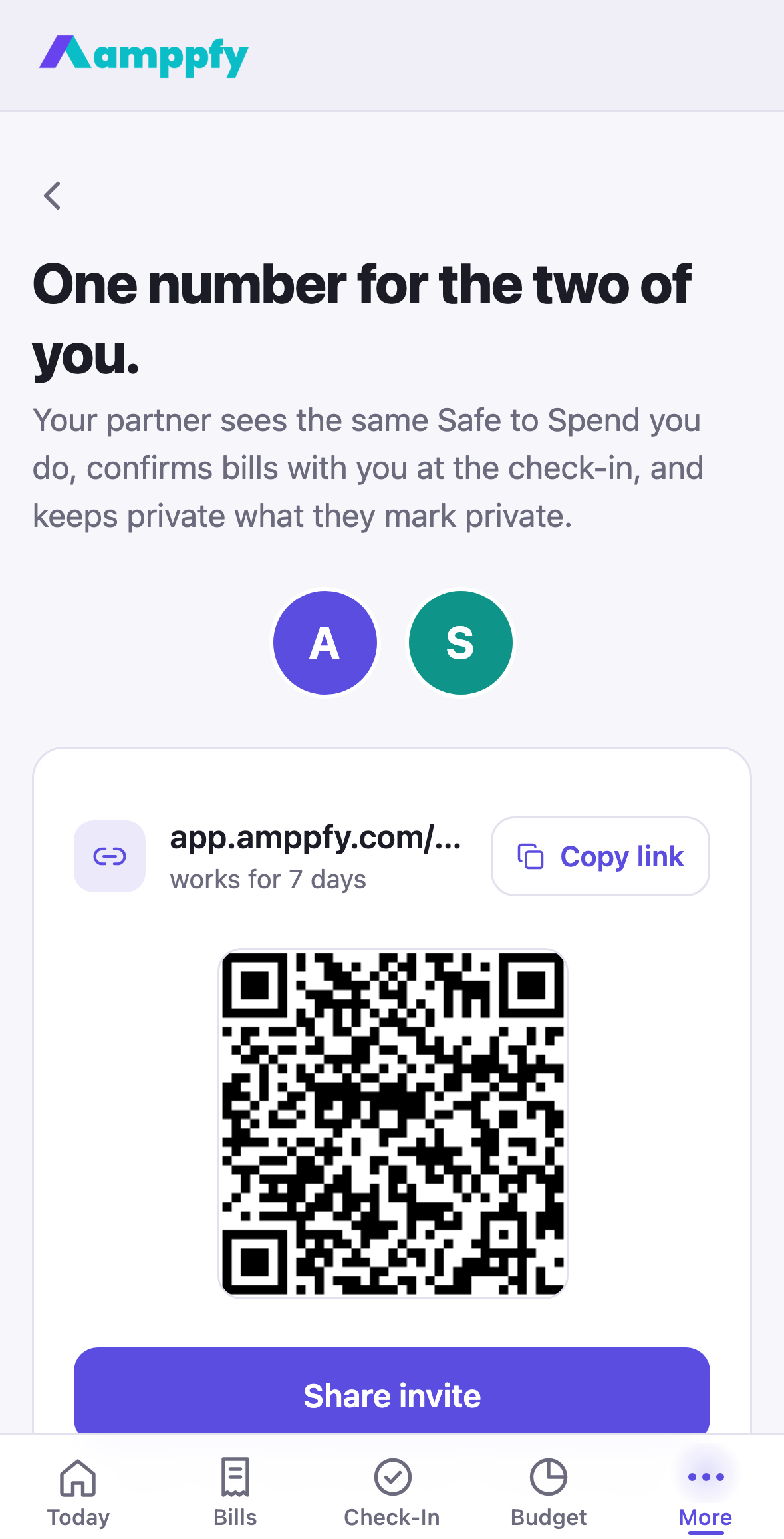 Amppfy iPhone app, the invite page with the QR code open for a partner to scan