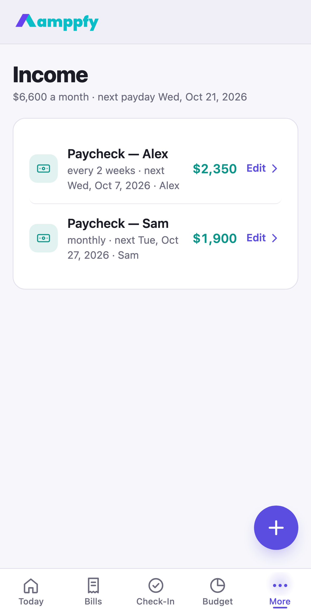 Amppfy iPhone app, the Income screen: two paychecks and the next household payday