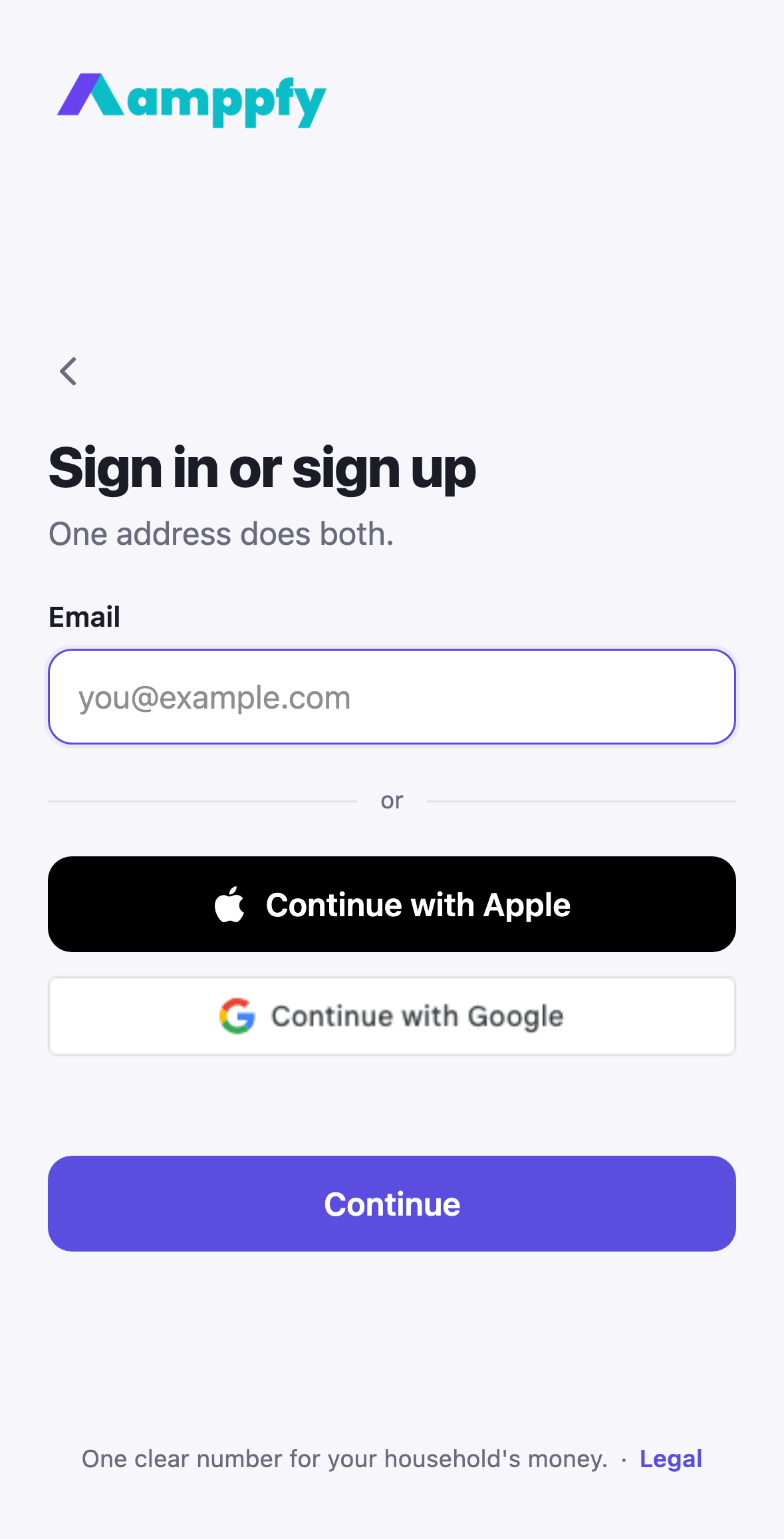 Amppfy iPhone app, the Sign in or sign up screen: one email address field and Continue, with Apple and Google above
